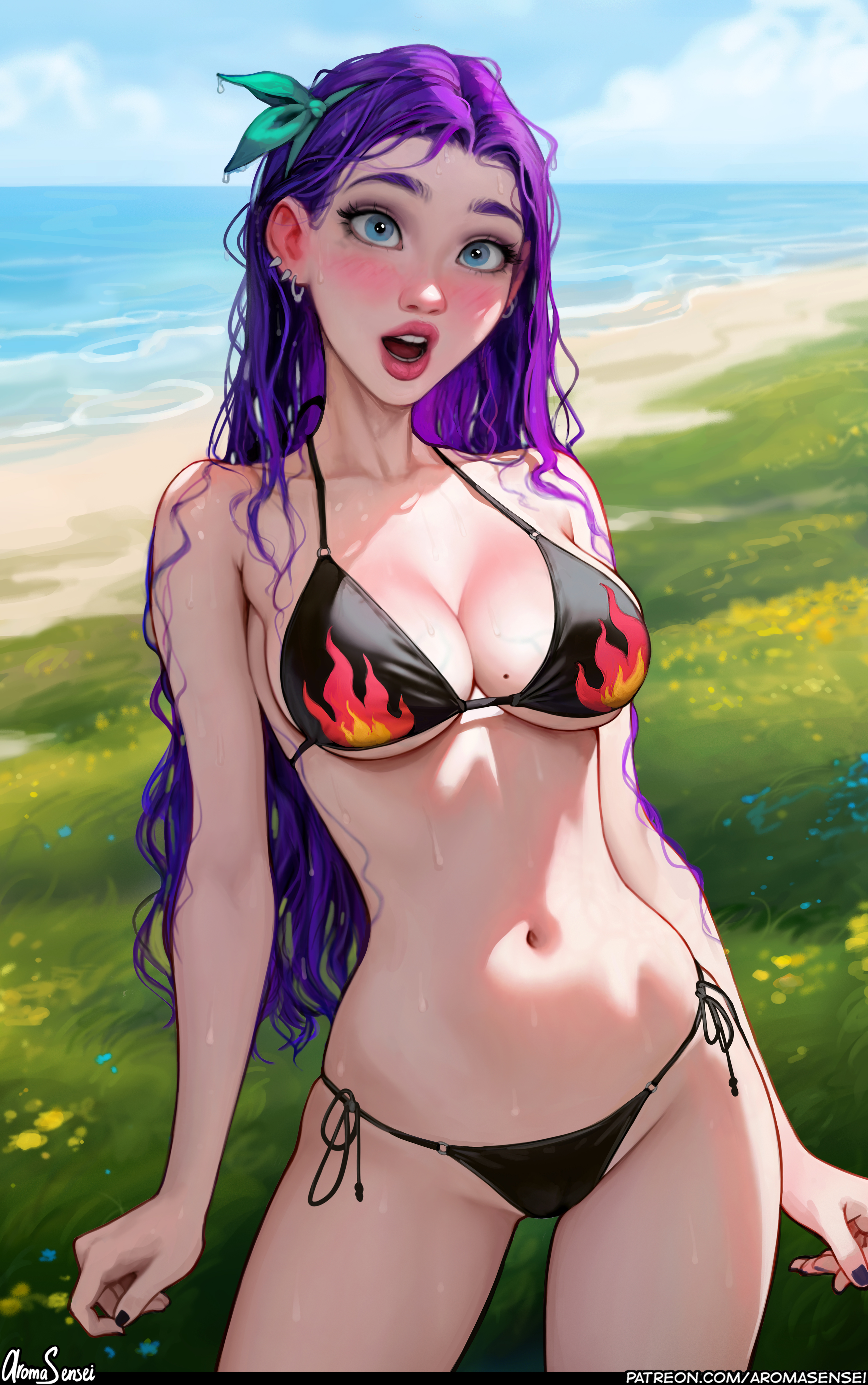 General 3624x5778 Abigail (Stardew Valley) video game girls artwork drawing fan art swimwear Aroma Sensei belly button frontal view standing cleavage blushing bikini painted nails wet body wet hair long hair purple hair watermarked women on beach boobs Stardew Valley sunlight video games slim body open mouth collarbone water ear piercing skinny hips grass outdoors women outdoors teeth looking at viewer portrait display