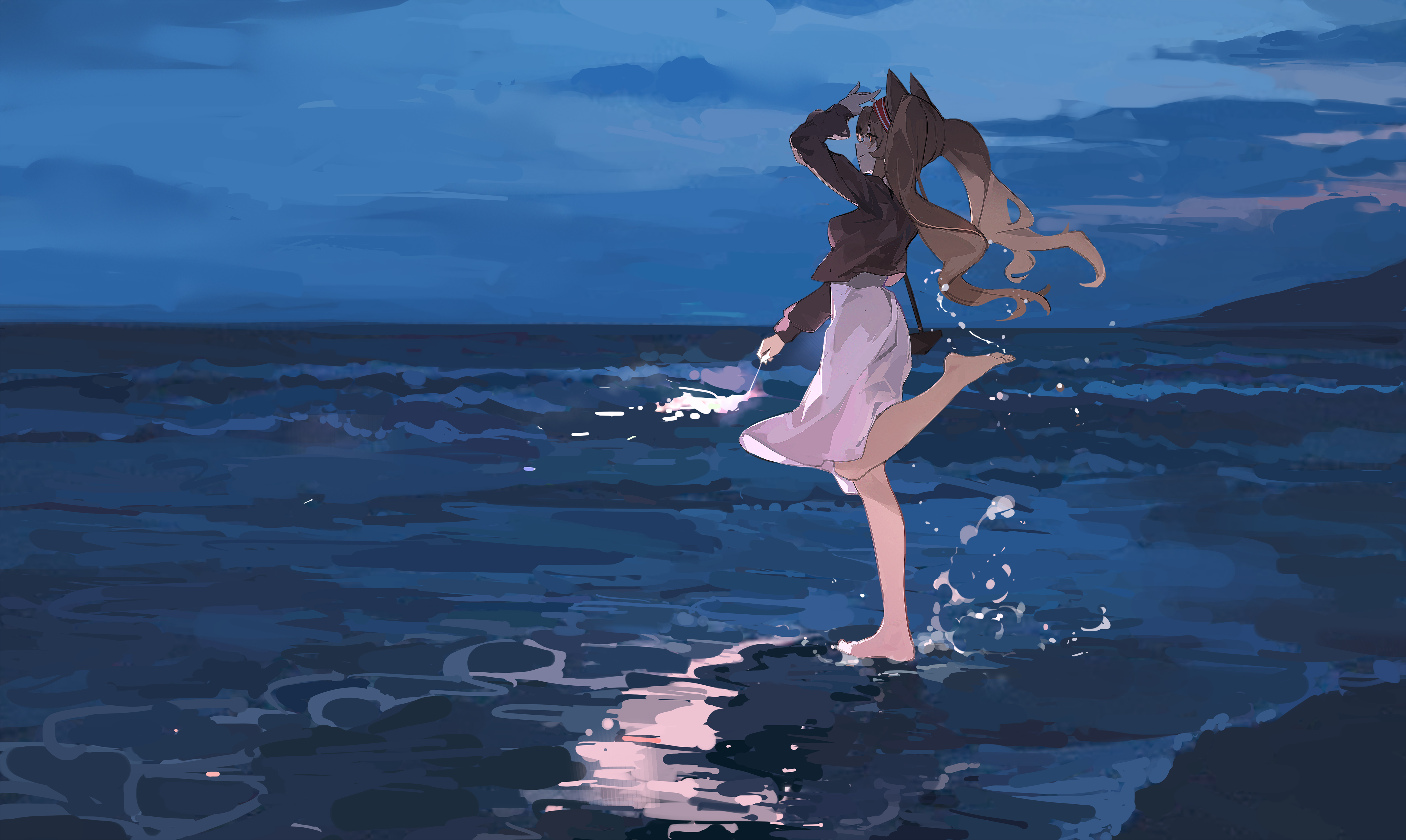 Anime 5000x2988 anime anime girls beach Arknights Angelina (Arknights) sky outdoors women outdoors hair blowing in the wind clouds looking away looking into the distance gong cha standing standing on one leg waves water long hair sea
