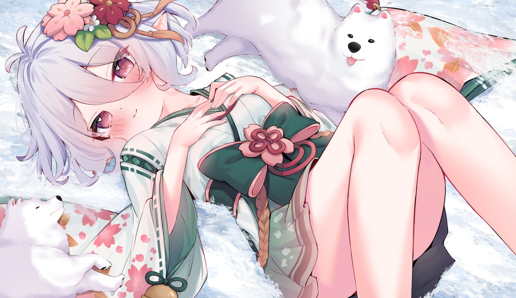 Anime 1737x1003 anime anime girls Kokkoro (Princess Connect) Princess Connect Re:Dive long sleeves wide sleeves pieleaf_x2 bent legs looking at viewer blushing hair between eyes smiling closed mouth animals lying down lying on back flower in hair short hair pointy ears snow legs skirt kimono