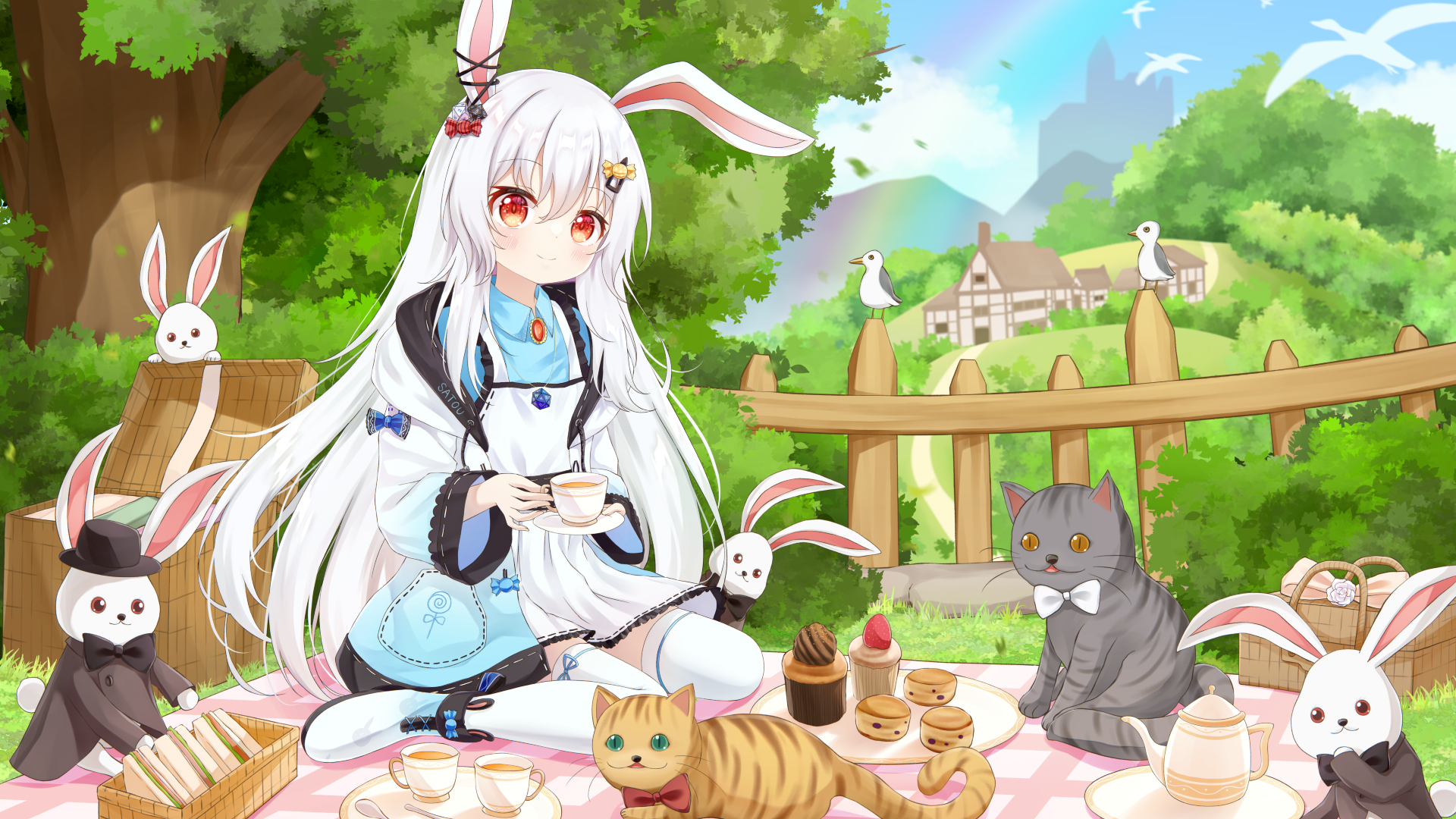 Anime 1920x1080 original characters Pixiv anime anime girls red eyes animals trees fruit food grass rabbits leaves tail building birds bunny girl bunny ears drink cake apron strawberries yottacc hair between eyes smiling closed mouth blushing hair ornament rainbows white hair wariza long sleeves wide sleeves women outdoors fence