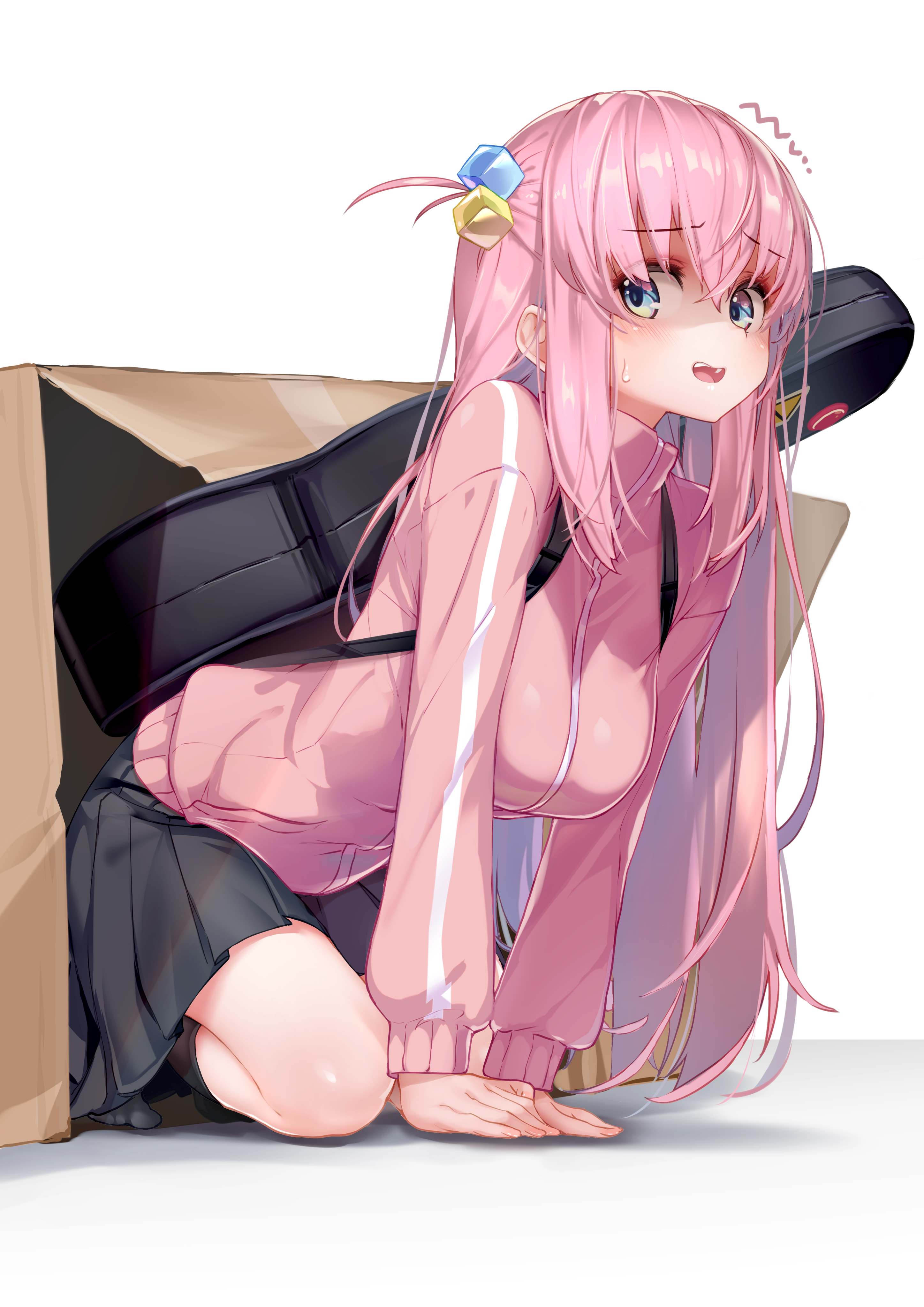 Anime 2894x4093 anime anime girls BOCCHI THE ROCK! box Gotou Hitori closed mouth looking at viewer long hair pink hair blue eyes hair between eyes clothes kneeling white background simple background socks White Spider (artist) cube hair ornament bent legs cardboard box skinny sweatdrop black socks  long sleeves straps guitar musical instrument