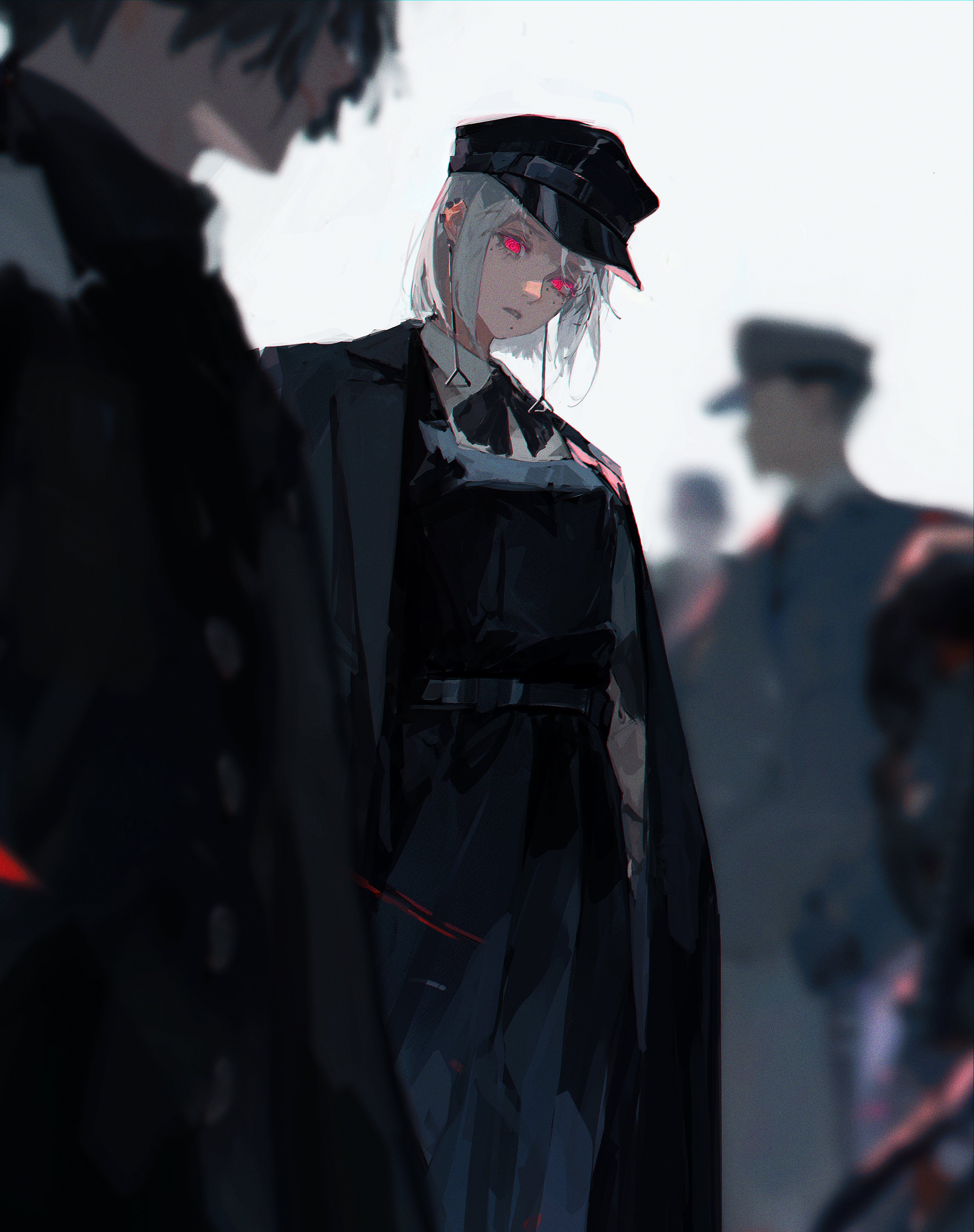 Anime 2811x3556 96yottea Chainsaw Man Kiga anime girls artwork digital art illustration white hair red eyes portrait display fami (chainsaw man) hat women with hats standing uniform looking at viewer simple background anime depth of field parted lips short hair black clothing