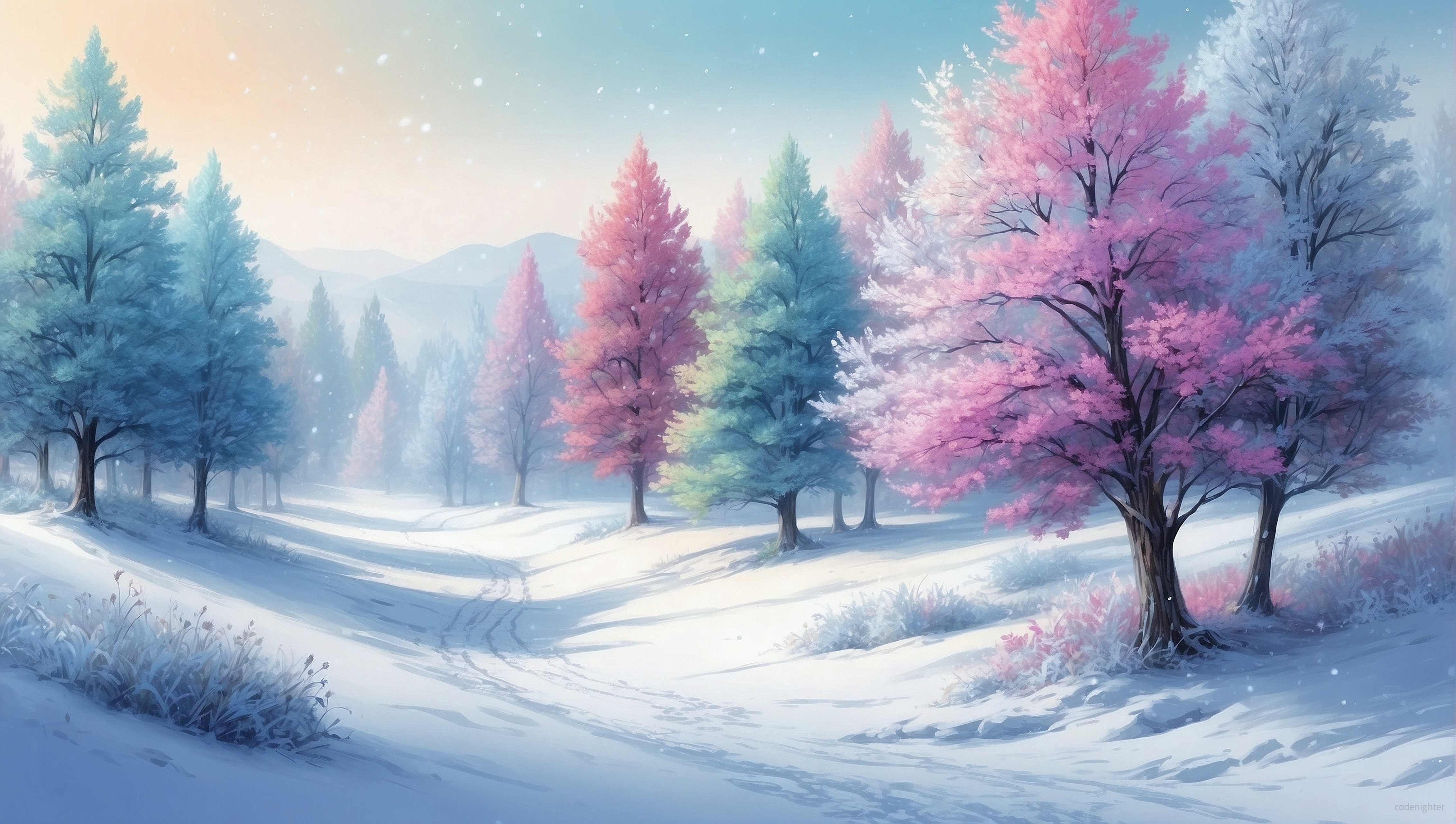 General 4526x2560 AI art digital art digital painting landscape winter trees forest outdoors snow covered snow sunlight sky