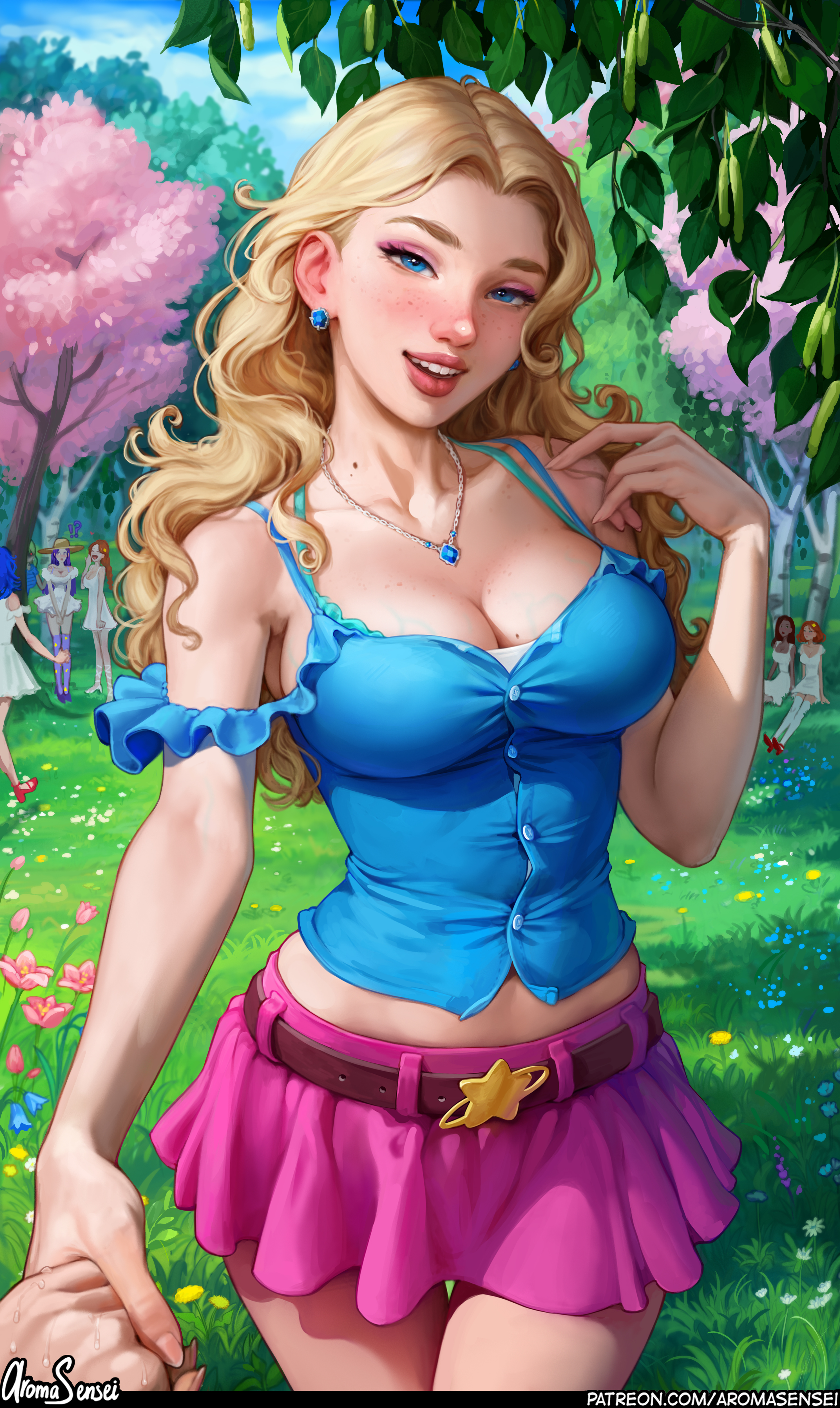 General 2984x5000 Haley (Stardew Valley) video game girls blonde artwork drawing fan art Aroma Sensei POV looking at viewer Stardew Valley standing video games cleavage bare shoulders blue eyes parted lips necklace collarbone moles mole on breast leaves outdoors women outdoors earring watermarked portrait display digital art grass flowers sky clouds skirt frills