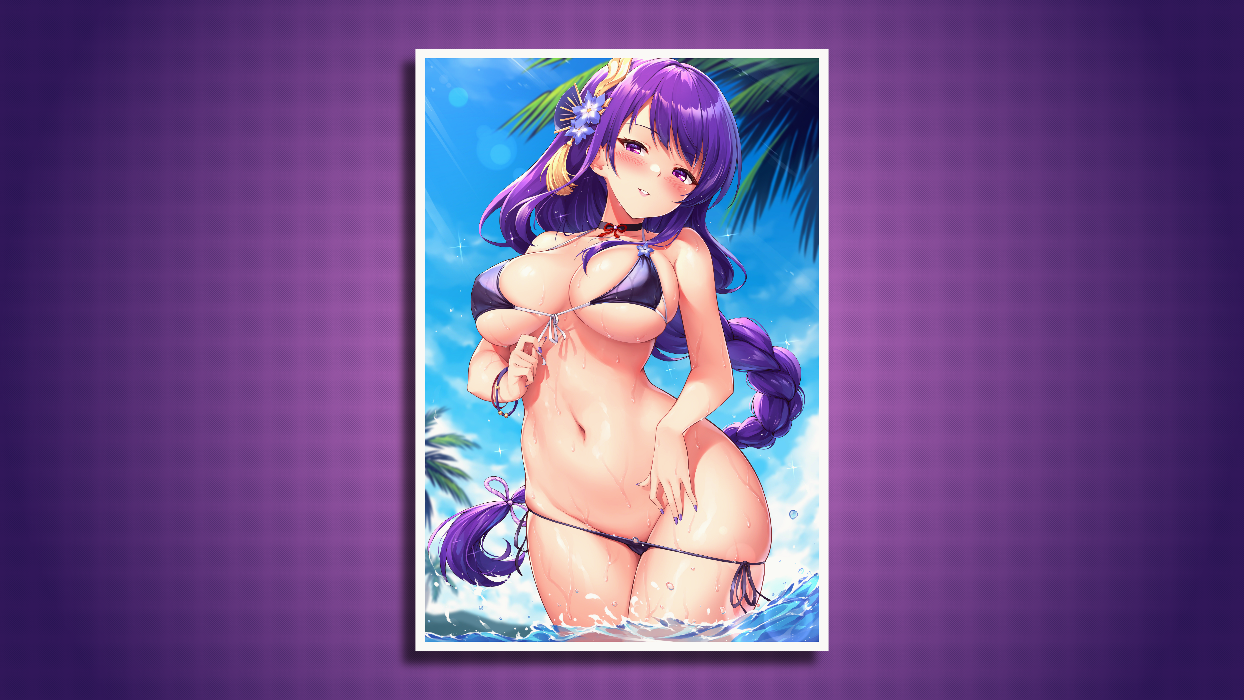 Anime 5120x2880 Raiden Shogun (Genshin Impact) Genshin Impact beach bikini purple bikini straps braids bikini falling off bikini bottoms bikini lace removing bikini top removing bikini panties removing top changing clothes choker bangs blunt bangs blushing embarrassed bare midriff belly belly button hard nipples covered nipples curvy wet wet body palm trees hands on hips bracelets undressing in water submerged vulva hand on vulva covered vagina parted lips purple eyes purple hair purple nails looking at viewer sensual gaze bedroom eyes Skindentation thighs thighs together thick thigh wide hips large hips smiling sparkles splashes sunlight swimwear trees underboob sideboob cleavage water water drops Ivenglynn gradient
