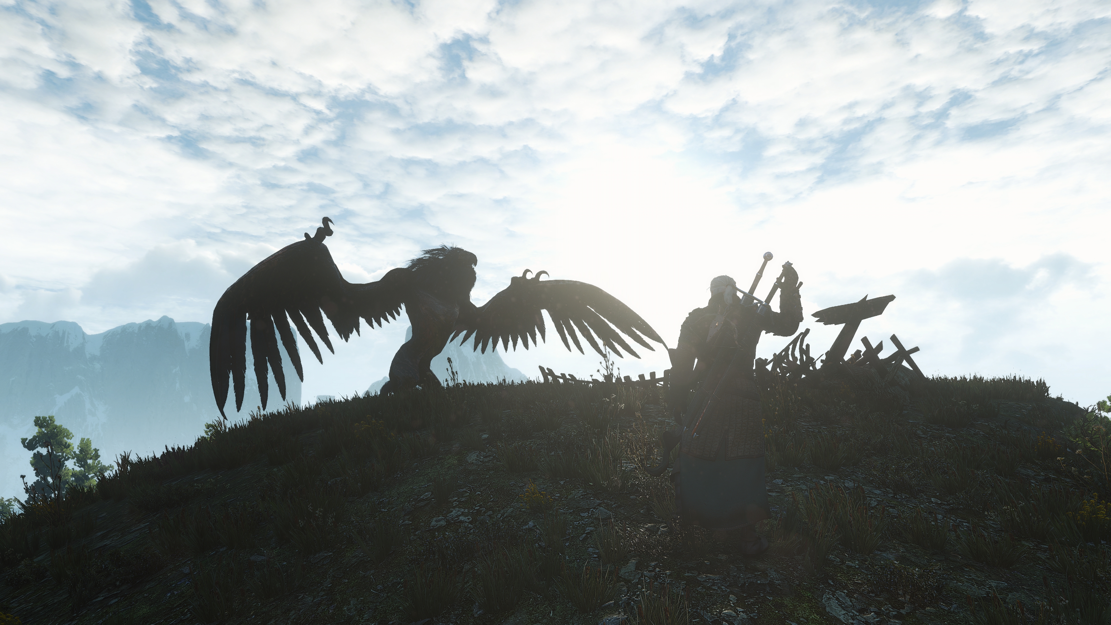 General 3840x2160 The Witcher 3: Wild Hunt screen shot PC gaming Geralt of Rivia sunlight video game art clouds video games creature sword men with swords video game characters CGI standing grass sky