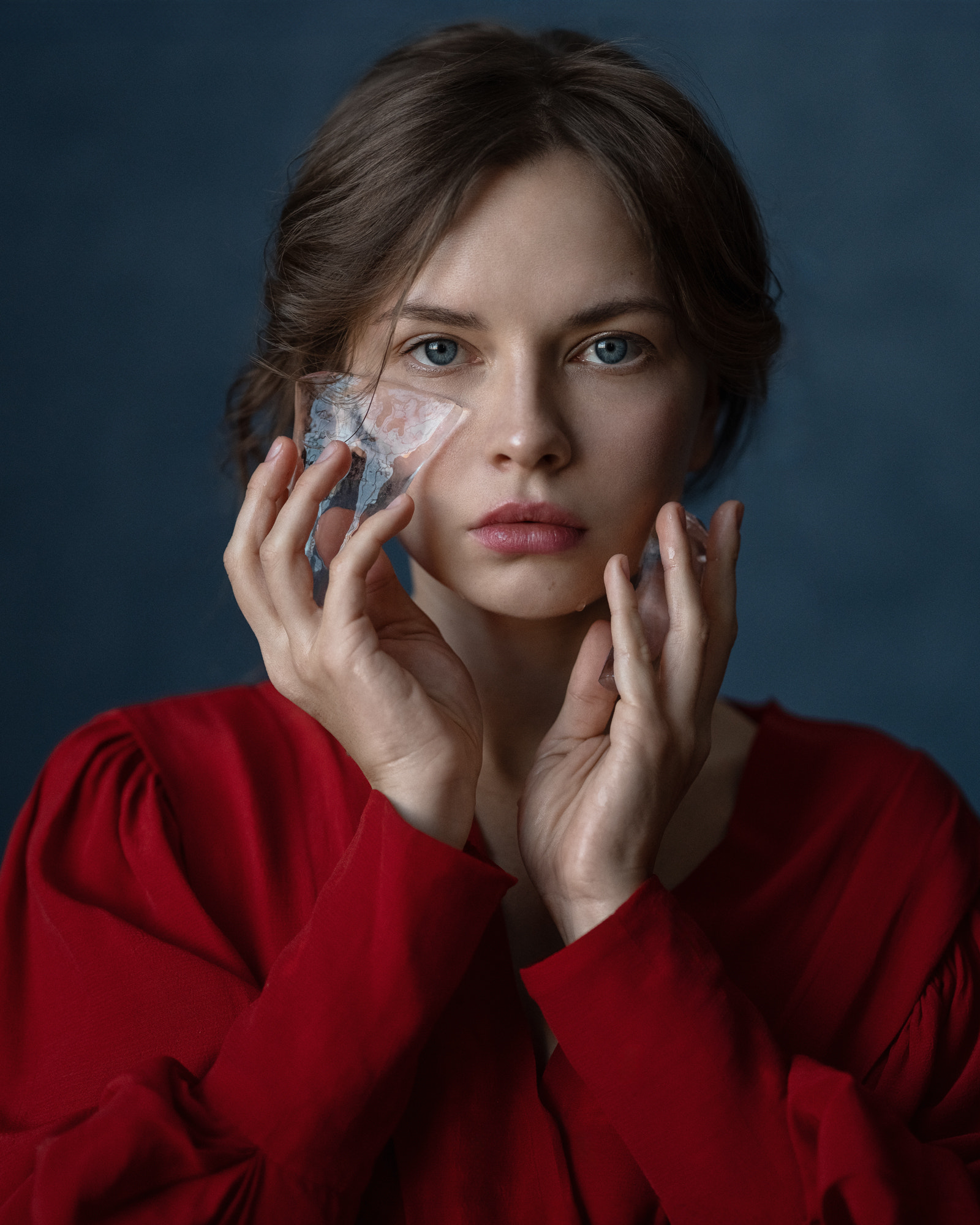 People 1600x2000 Aleksandr Kurennoi women blue eyes red clothing ice portrait closeup portrait display