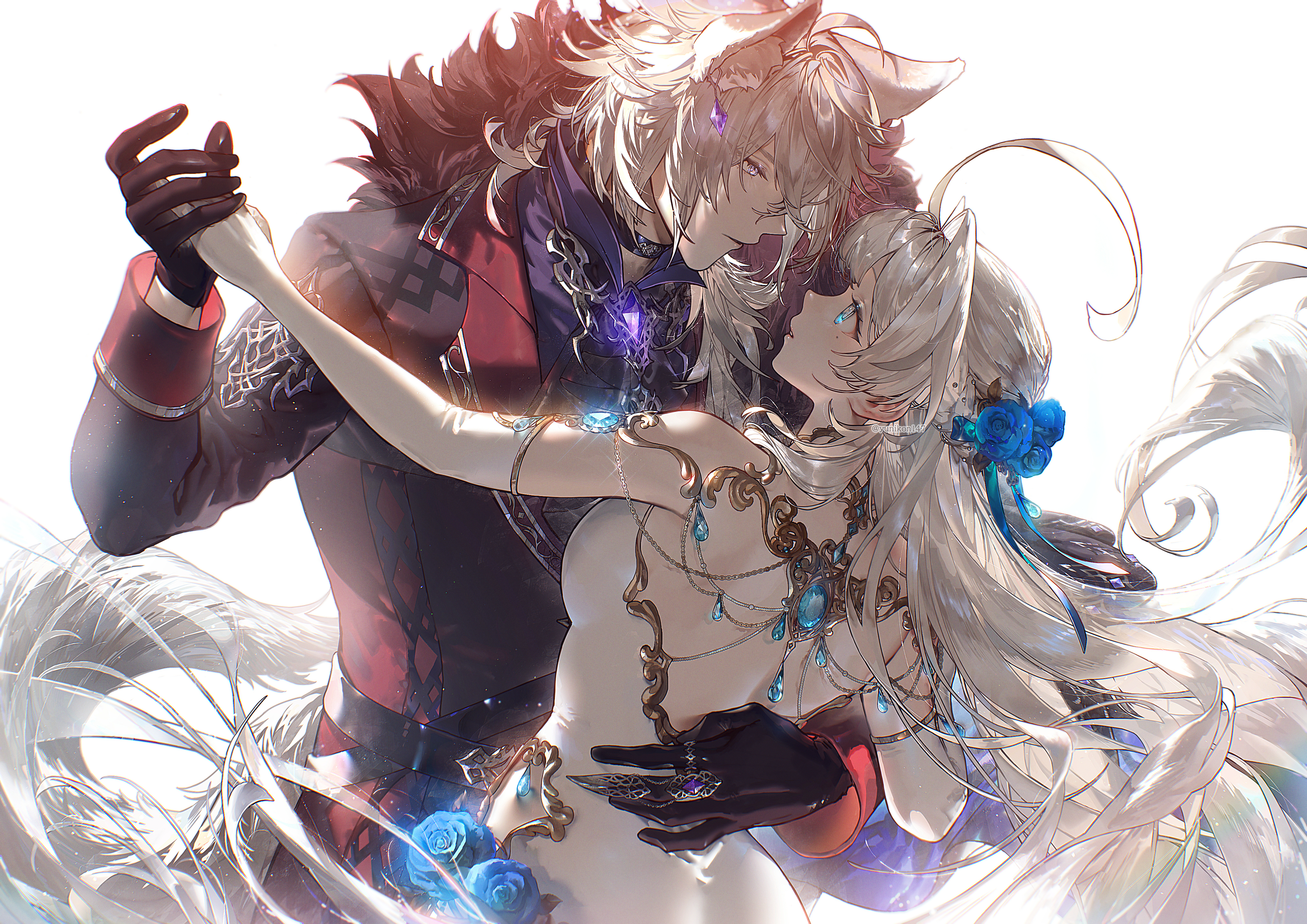 Anime 4093x2894 Yunikon white dress couple animal ears face to face long hair flower in hair hugging dancing blue flowers gems white background back simple background mole under eye ahoge elbow gloves gray hair