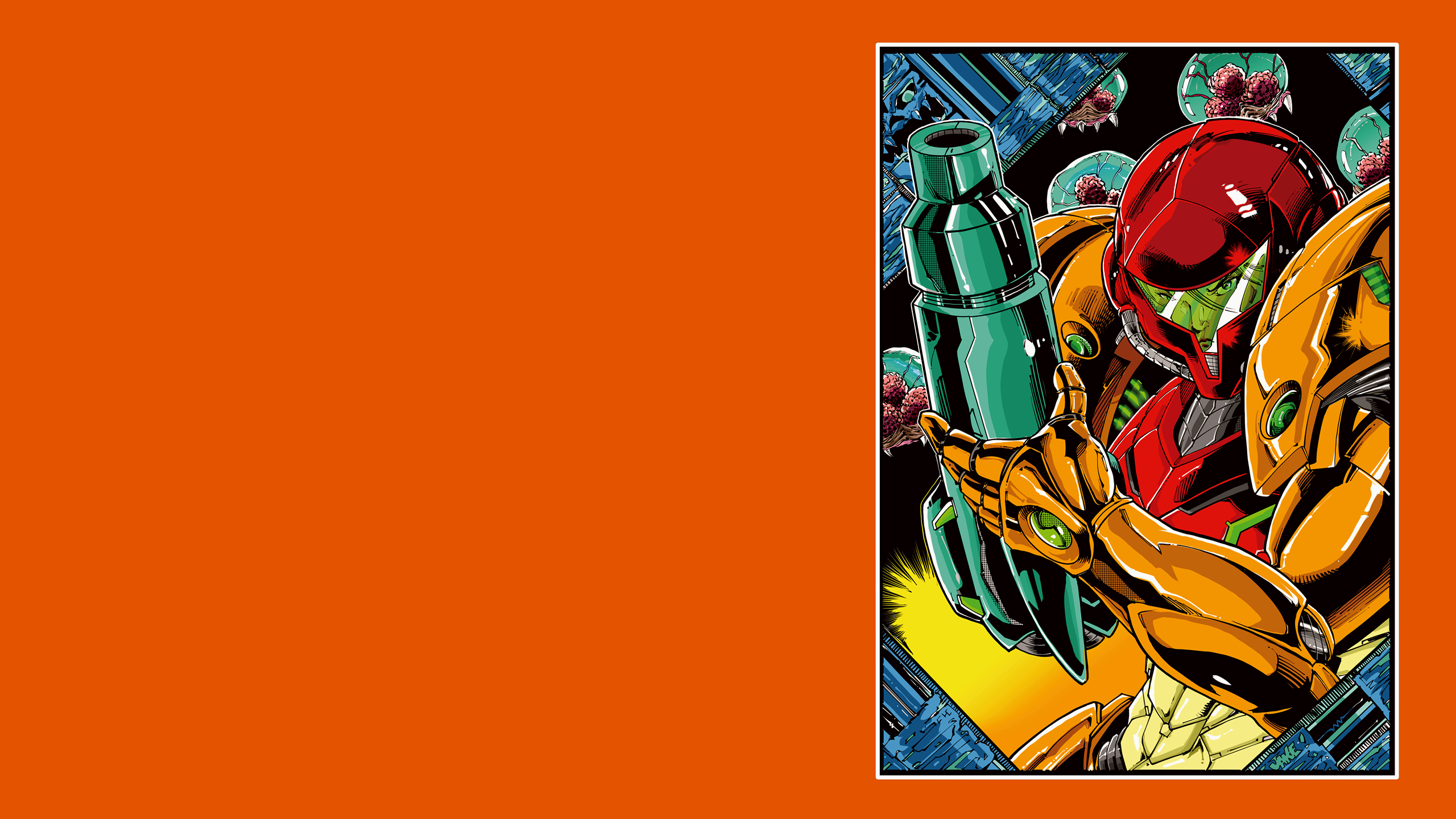 General 2560x1440 Metroid Samus Aran armor orange background simple background comics Nintendo video game girls retro games cannons weapon video games power suit helmet visors looking at viewer video game characters