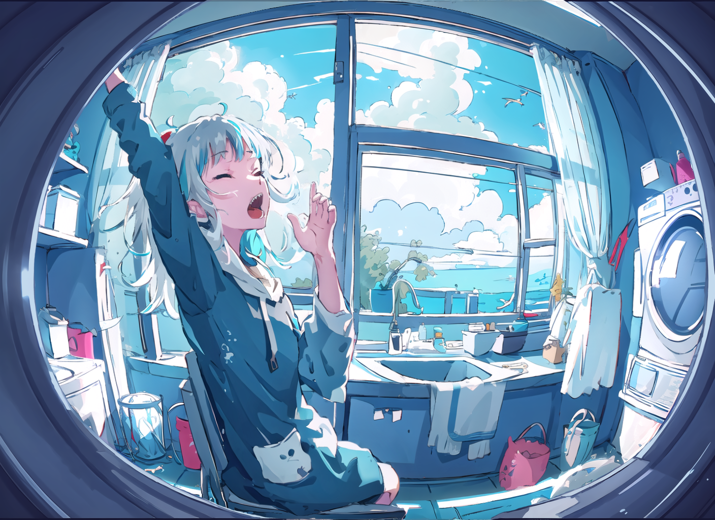 Anime 1408x1024 Hololive Hololive English Gawr Gura closed eyes washing machine sink one arm up open mouth yawning women indoors Virtual Youtuber window two tone hair shark girl stretching blue hoodie fisheye lens curtains B74 clouds sky sitting chair sea AI art