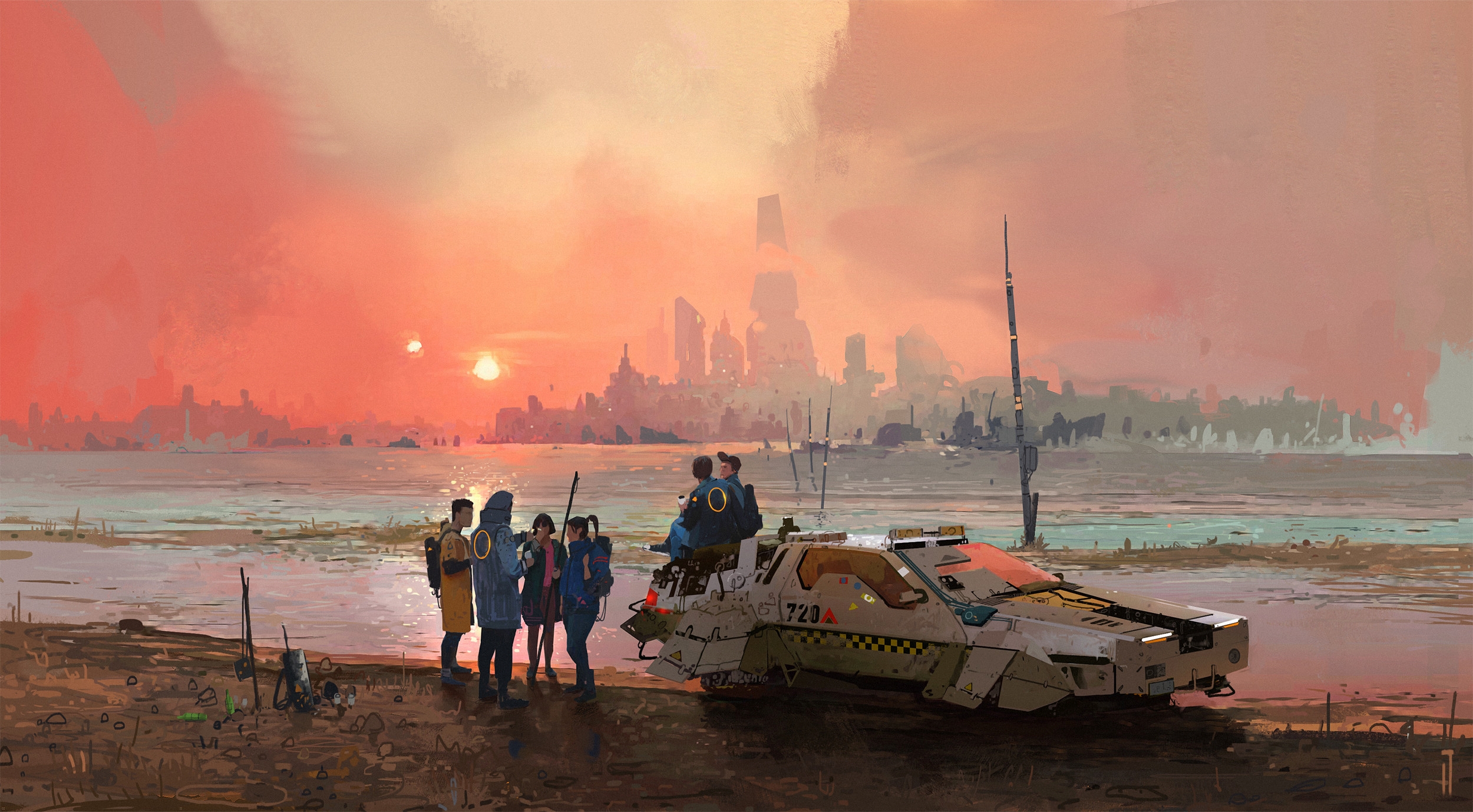 General 2500x1379 digital art illustration cyberpunk futuristic sunset lake car people