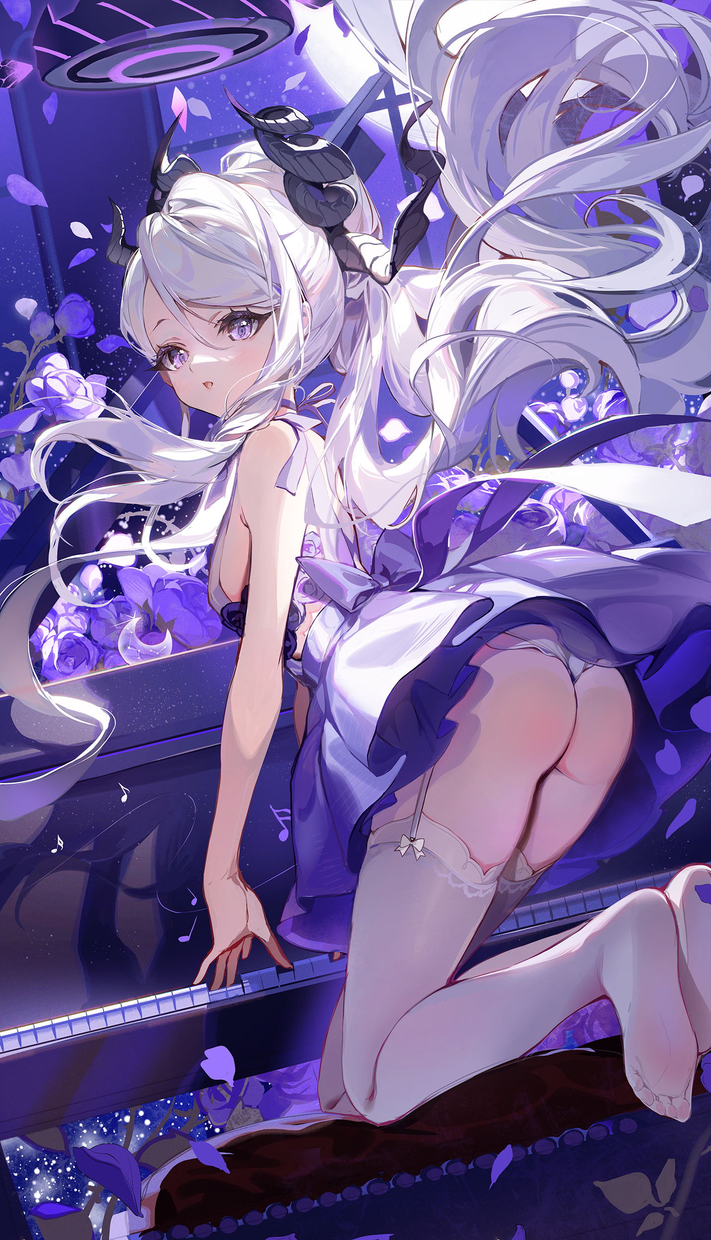 Anime 1434x2500 Sorasaki Hina (Blue Archive) Blue Archive Pixiv AkiZero looking at viewer looking back long hair open mouth purple eyes hair between eyes flowers white hair purple dress white stockings stockings piano musical instrument horns petals rose anime girls anime dress ass Moon bent over garter straps moonlight foot sole