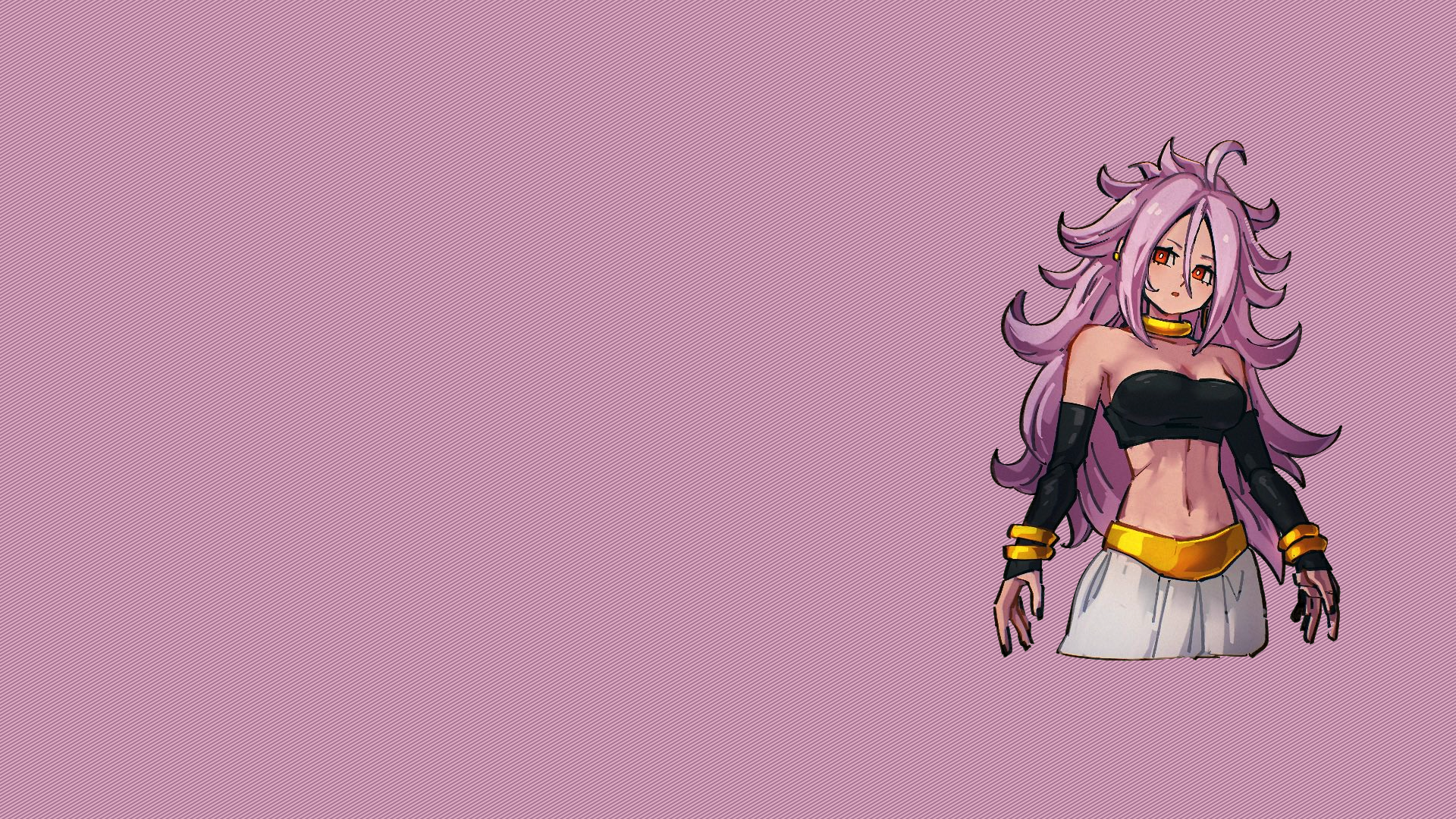 Anime 1920x1080 simple background looking at viewer bangs long hair sidelocks big boobs boobs hips Android 21 Majin Android 21 Majin Buu pink hair bare shoulders red eyes black gloves gloves pants elbow gloves arm warmers bracelets armlet painted nails black nails bare midriff belly belly button crop top black top pink background Dragon Ball anime girls Dragon Ball FighterZ ahoge