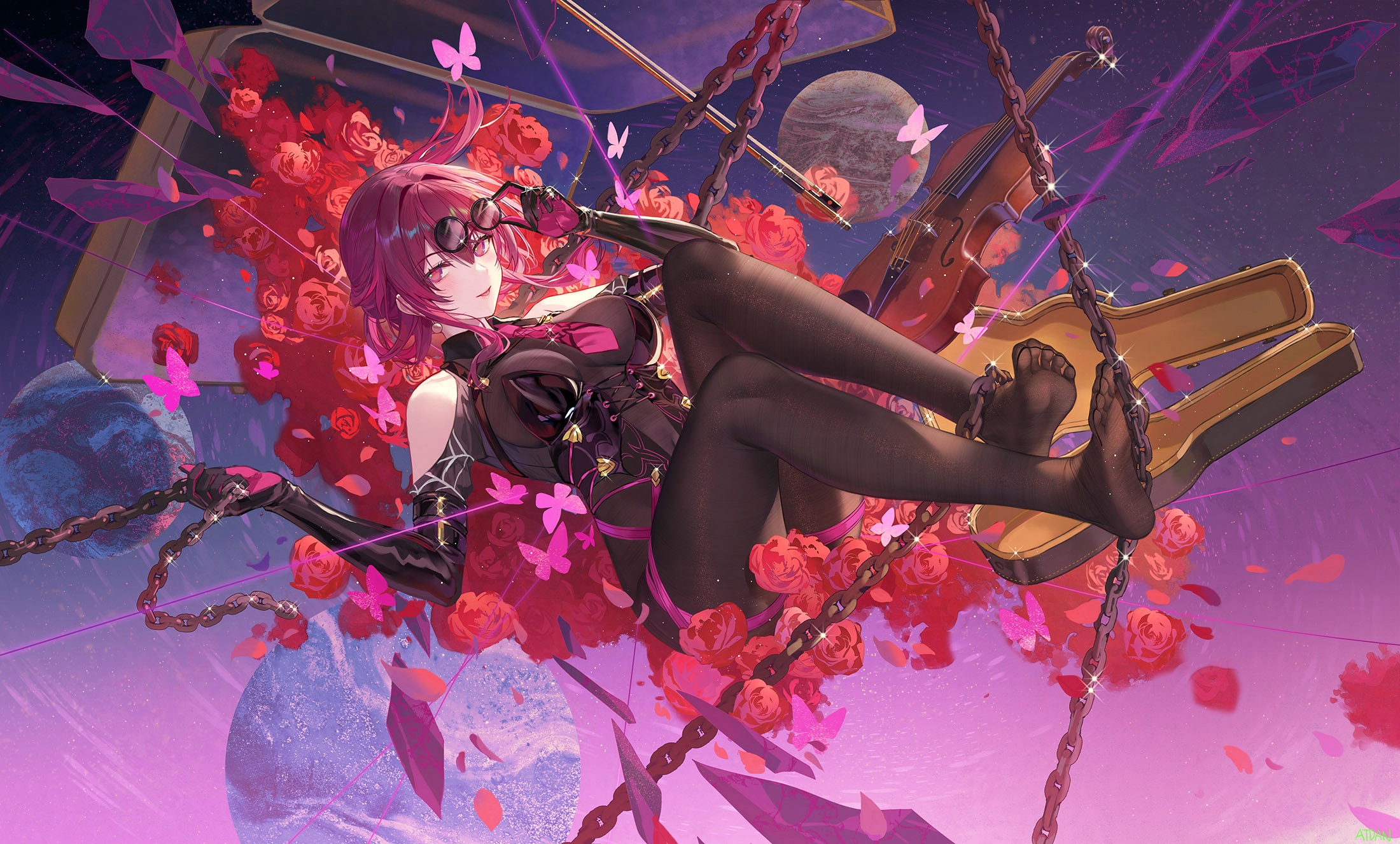 Anime 2200x1326 Honkai: Star Rail Atdan anime girls flowers Kafka (Honkai: Star Rail) looking at viewer feet signature tongue out purple hair purple eyes elbow gloves gloves planet chains toes anime bare shoulders hair between eyes rose bent legs sunglasses violin musical instrument butterfly insect petals