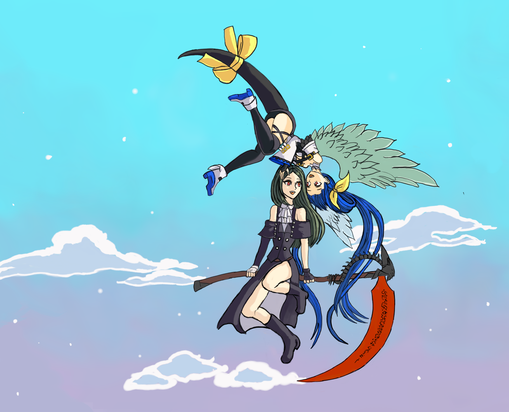 Anime 1744x1413 anime couple anime girls Dizzy (Guilty Gear) Testament (guilty gear) Guilty gear strive scythe flying anime games fighting games Guilty Gear anime girl with wings sky clouds Testament x Dizzy bare shoulders weapon