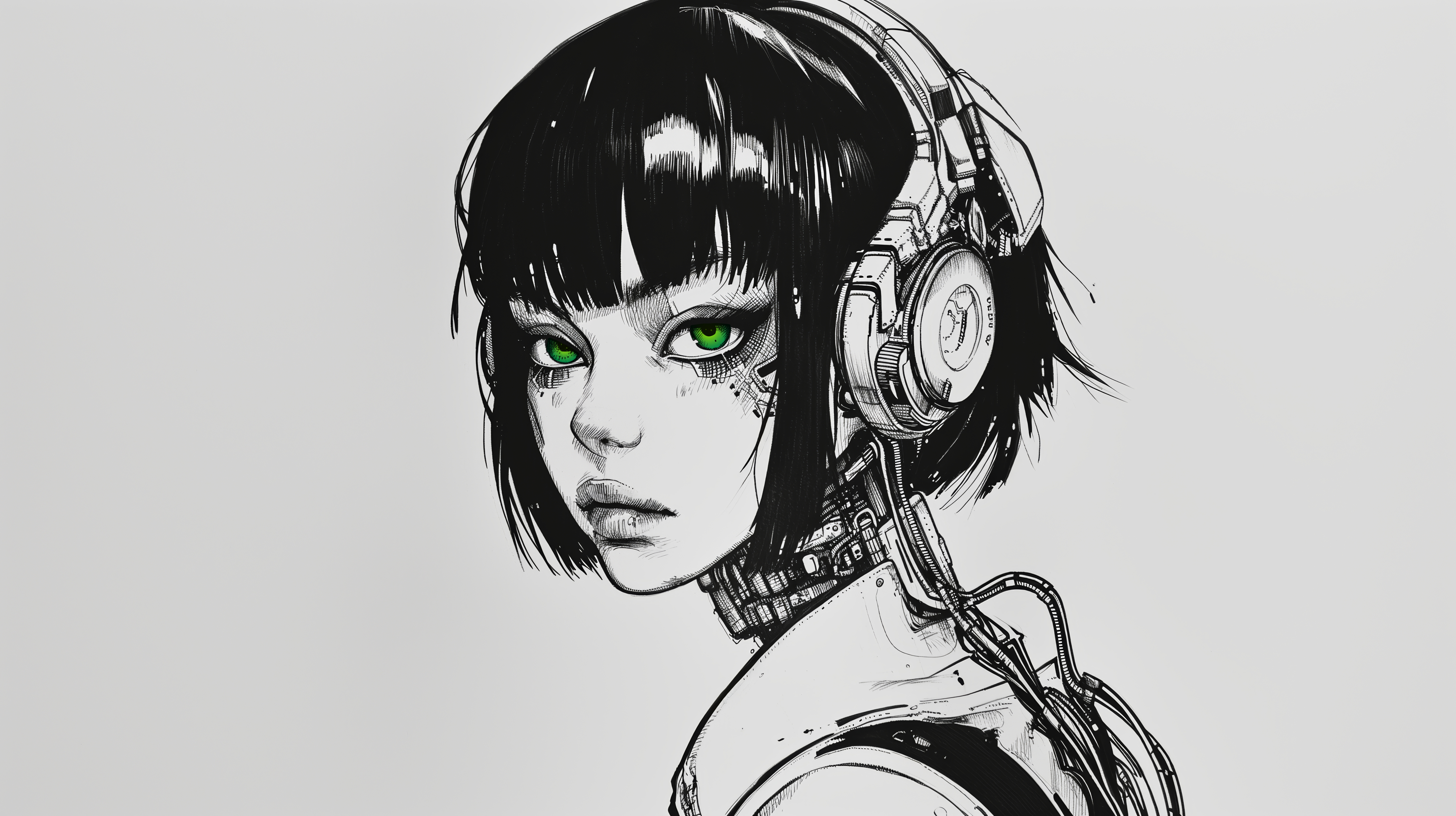 General 5824x3264 AI art women cyberpunk cyborg illustration headphones manga looking at viewer science fiction short hair simple background face