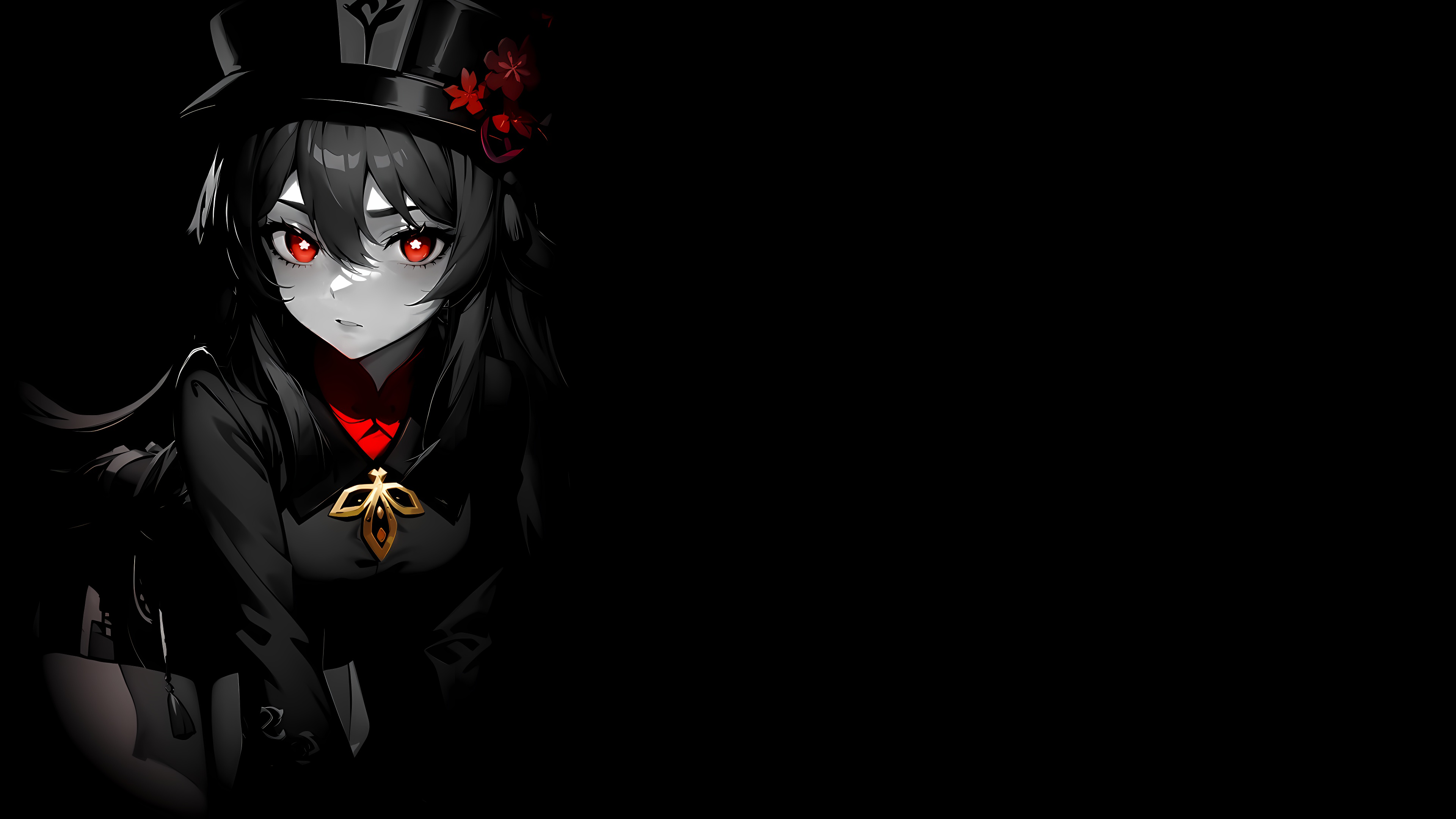 Anime 3840x2160 Hu Tao (Genshin Impact) simple background anime anime girls Genshin Impact dark background long hair hair between eyes flowers hat women with hats bent over parted lips