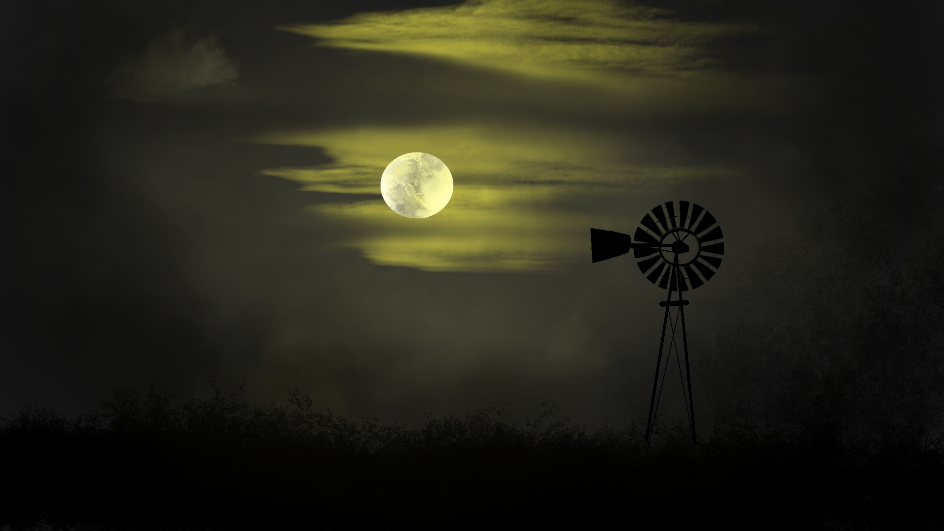 General 1920x1080 digital painting digital art landscape windmill moonlight full moon Moon night sky clouds silhouette