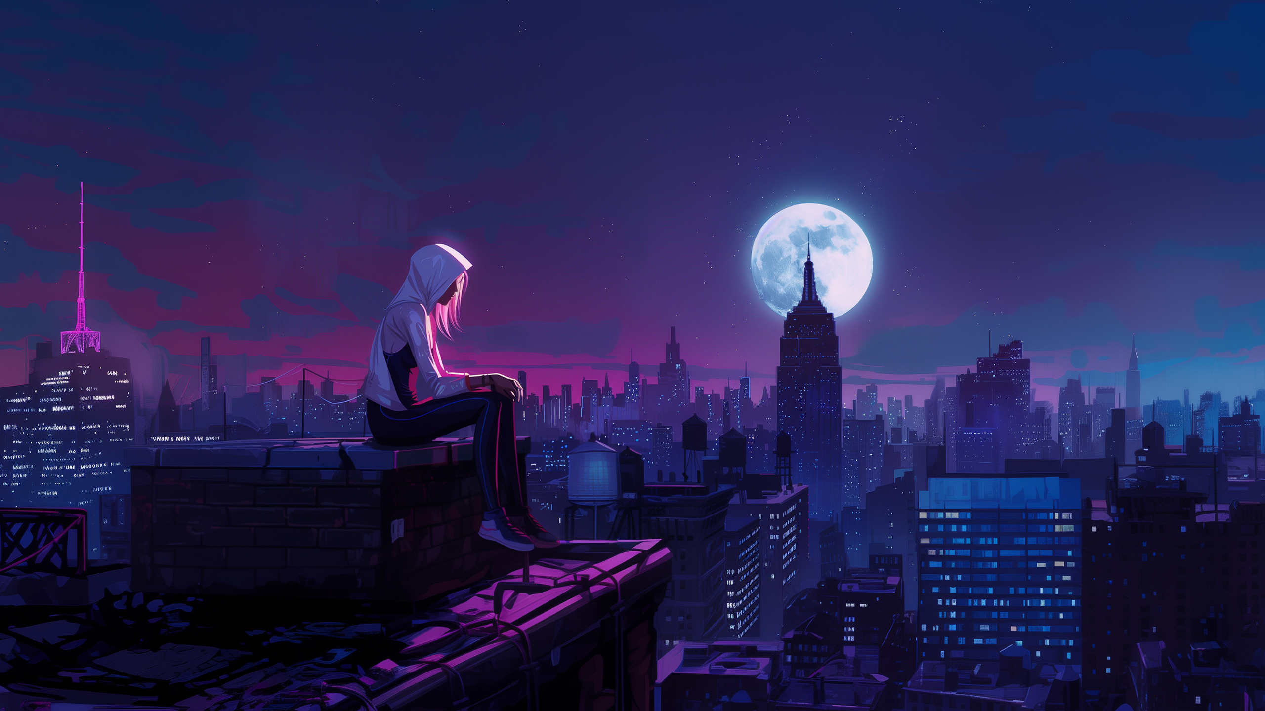General 2560x1440 spider Spider Gwen moon rays New York City rooftops city lights Marvel Comics Gwen Stacy Spider-Man backlighting AI art