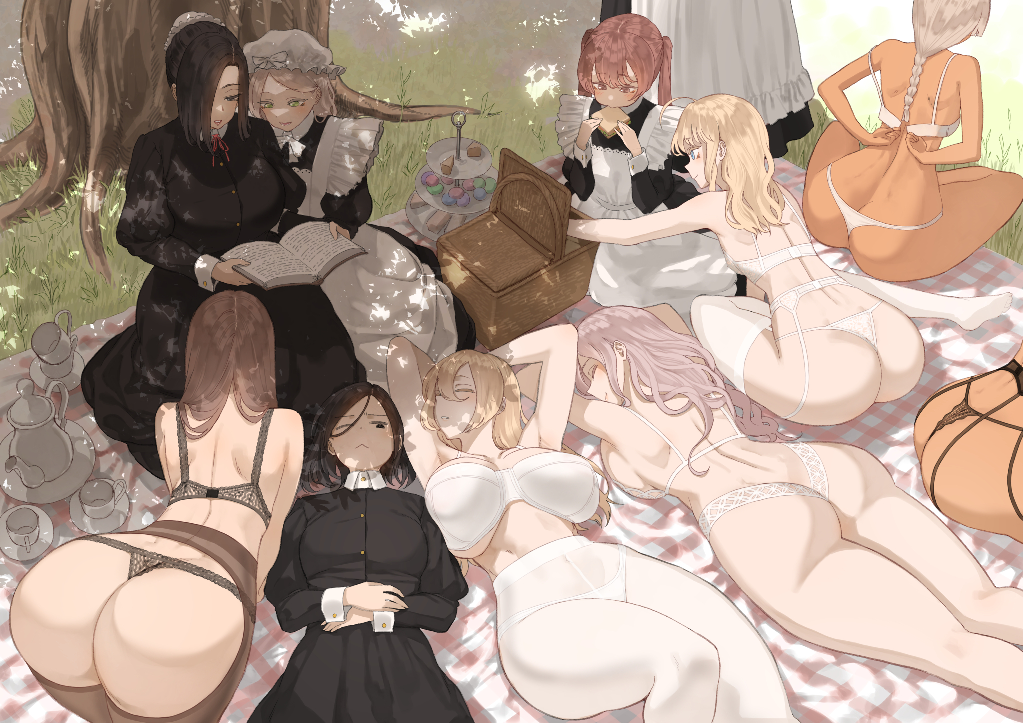 Anime 2047x1447 Throtem group of people huge breasts lying down maid outfit lying on back lying on front bent over ass dappled sunlight white lingerie picnic picnic basket sleeping white panties underwear white underwear panties white pantyhose reading black pantyhose apron black thong black bras white thong white bra maid bra trees grass food eating Martha (Throtem) Edea (Throtem) thong anime girls sunlight