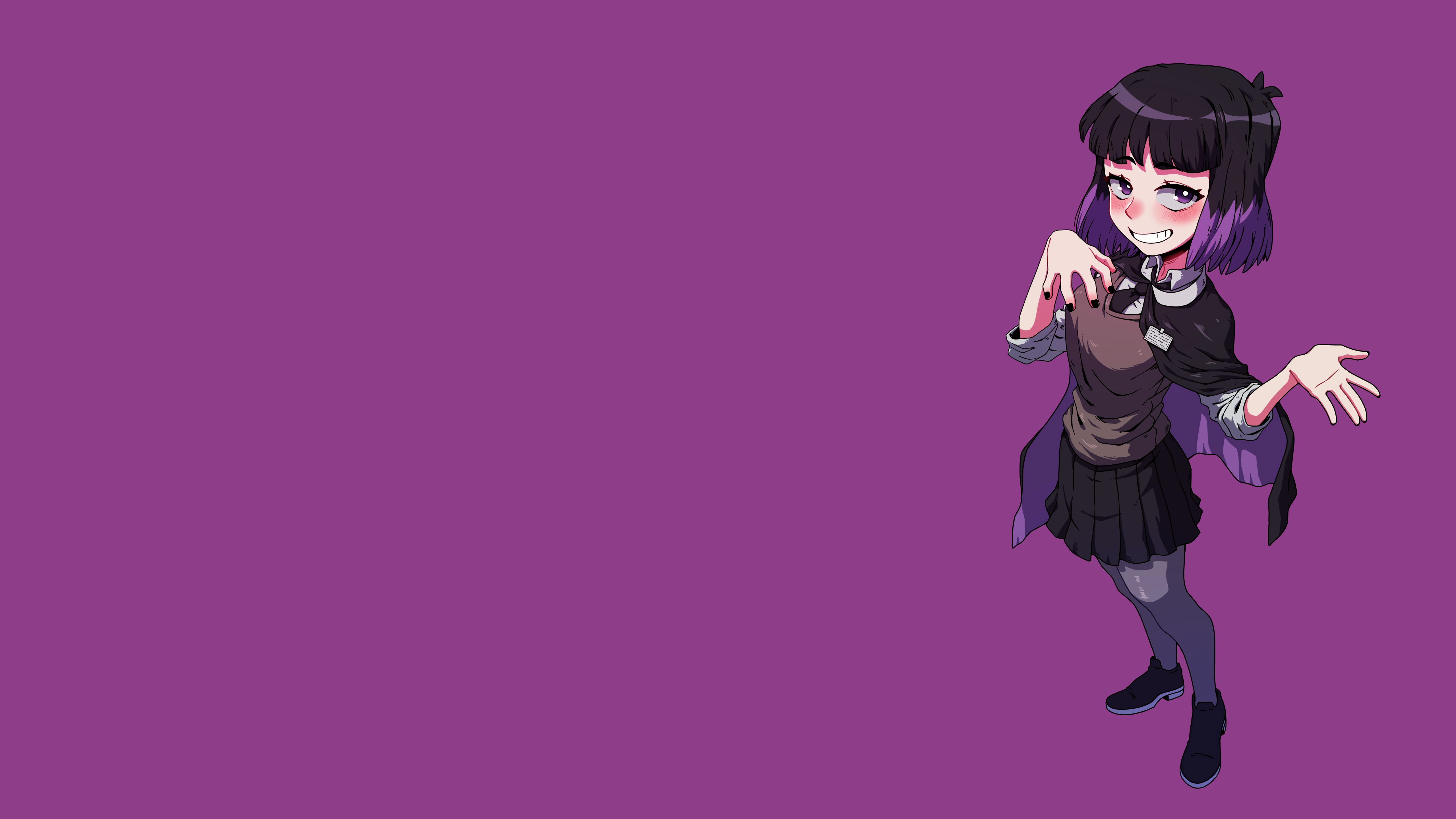 Anime 5120x2880 Hilda Kaisa (Hilda) gradient hair dyed hair black hair dark hair purple hair ribbon black ribbons cape white shirt collared shirt sweater pantyhose leggings painted nails black nails looking up bangs blunt bangs tie rolled sleeves skirt black skirts embarrassed purple eyes smiling smug face cartoon cartoon girls simple background purple background