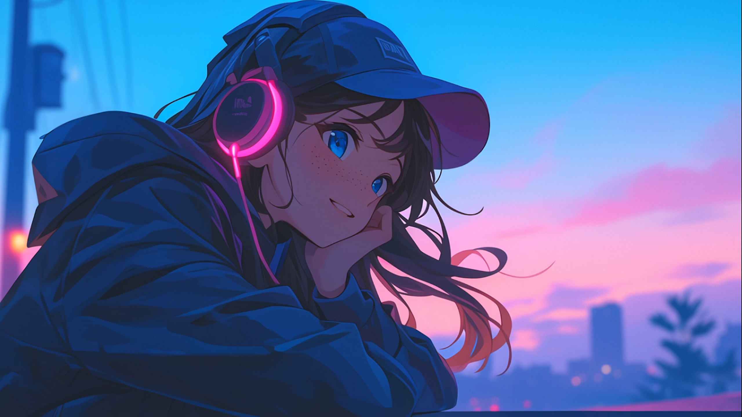 Anime 2560x1440 anime girls headphones minimalism sketches Chillhop Music music smiling Pink (artist) hat kid AI art