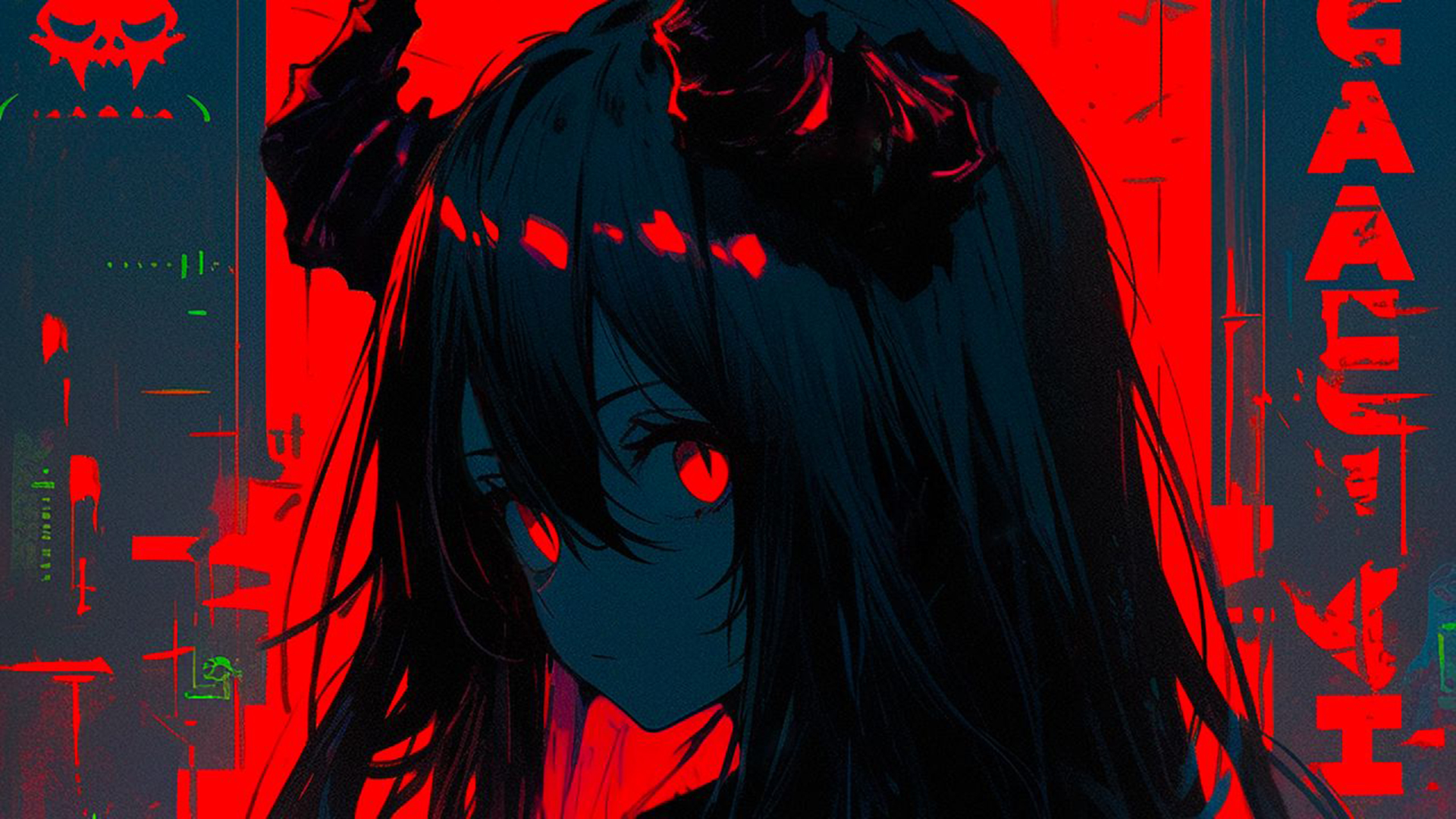 Anime 1920x1080 red eyes glowing eyes glitch art devil girl devil horns red background gray background sadness long hair black hair AI art