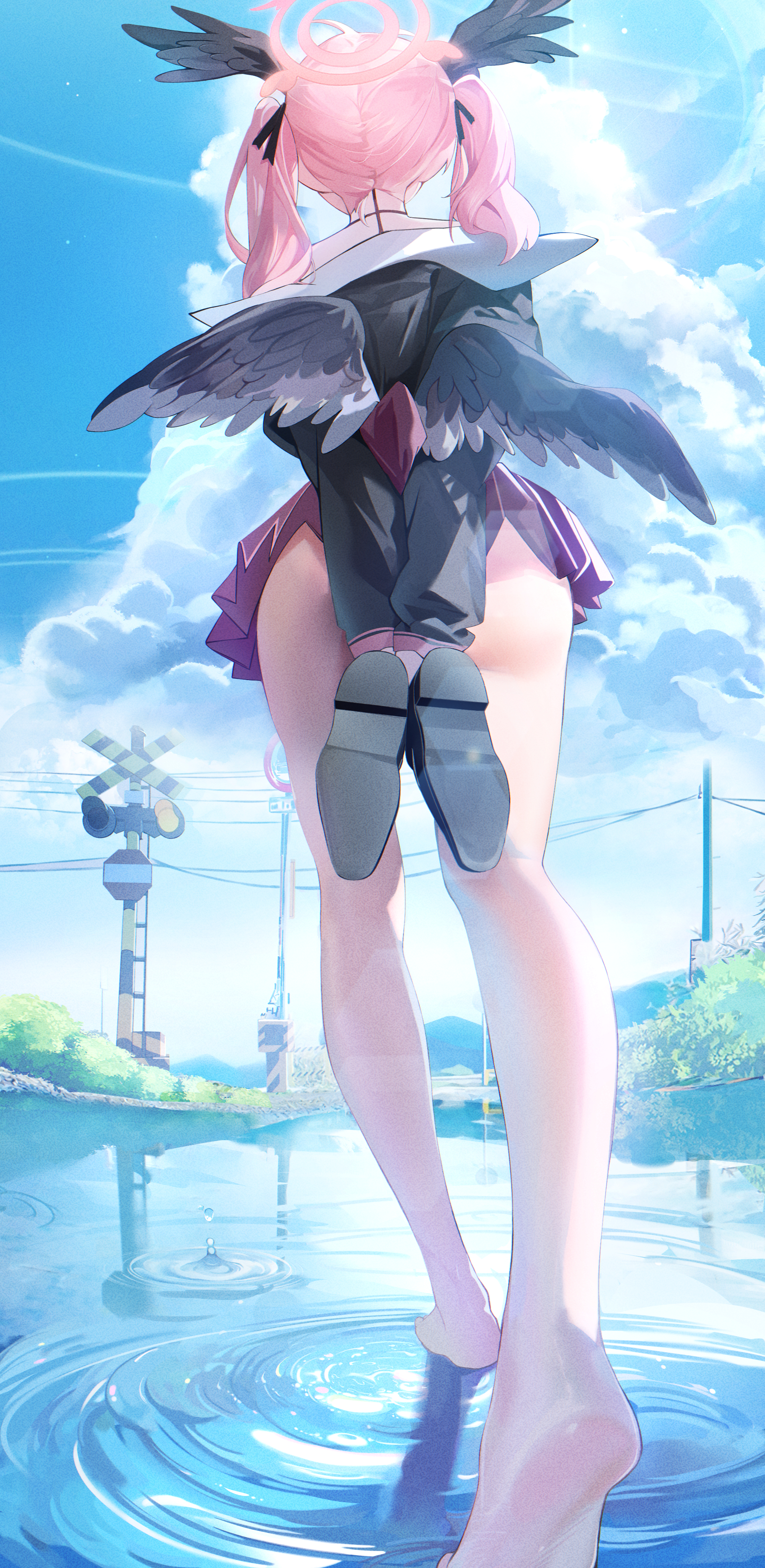 Anime 2000x4097 Blue Archive twintails portrait display barefoot Shimoe Koharu (Blue Archive) pink hair rear view arm(s) behind back sky foot sole women outdoors head wings black wings Hido school uniform hair ribbon road sign ripples water ripples walking depth of field cumulus red skirt upskirt outdoors nopan loafer ass feet shoes water wires clouds legs reflection wings