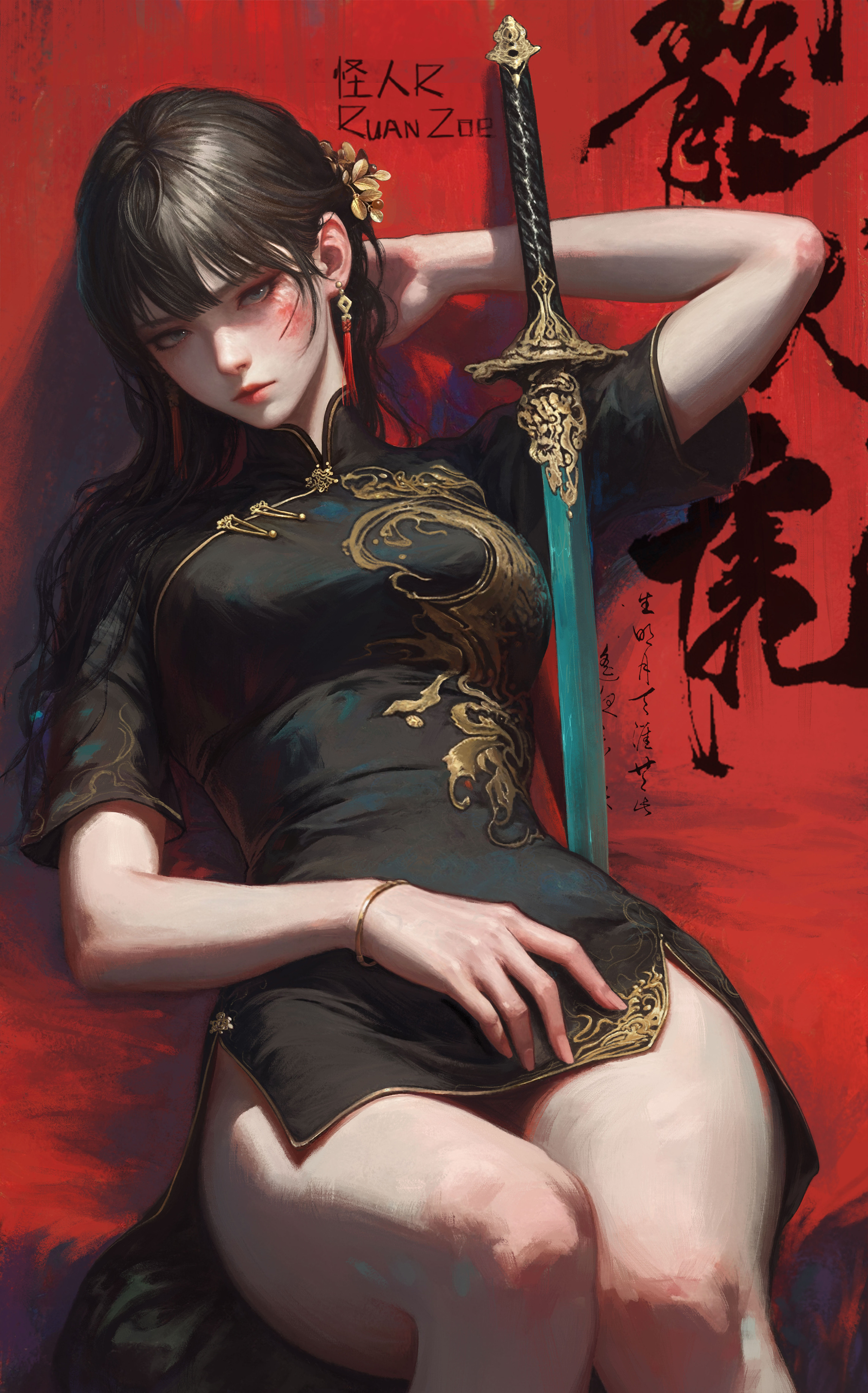 General 2785x4467 portrait display weapon Chinese dress sword looking at viewer thighs black dress black hair long hair hair ornament Wodeipoi sitting simple background red background blood thighs together dark hair frontal view one arm up knees together bracelets Asian women legs tassel earrings earring