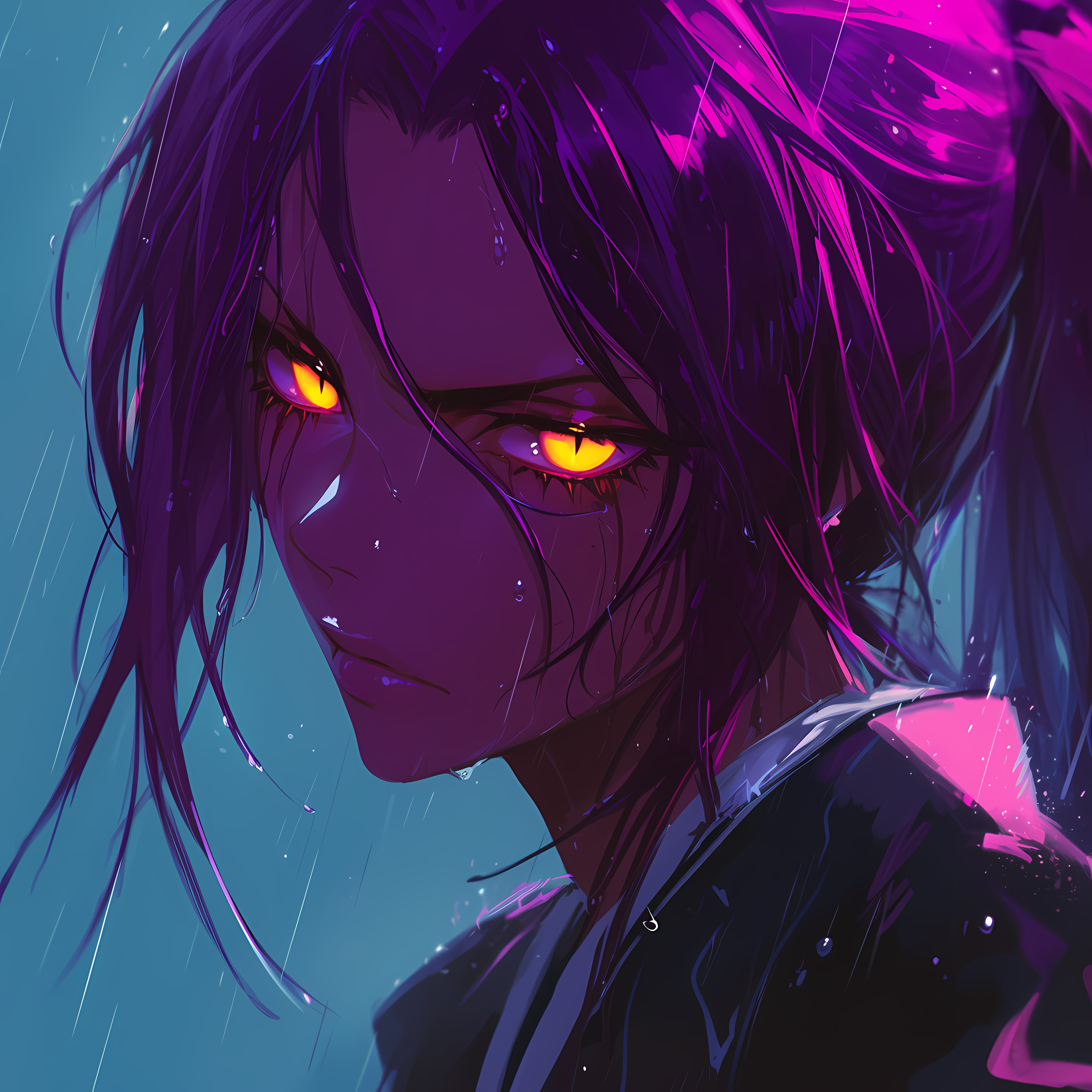 Anime 4096x4096 AI art violet (color) purple background rain Shihouin Yoruichi Bleach anime girls orange eyes