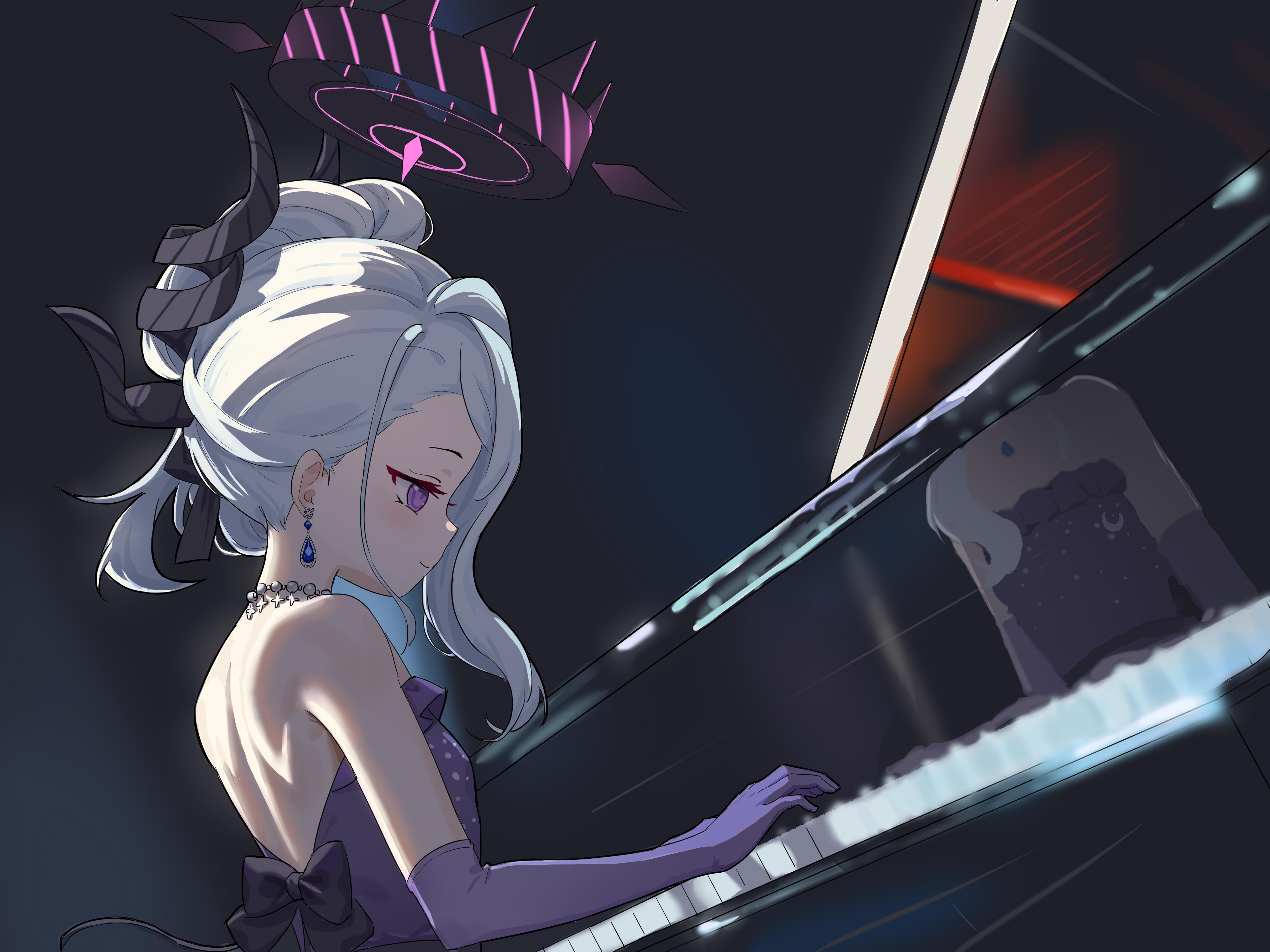 Anime 4000x3000 Sorasaki Hina (Blue Archive) Blue Archive dress demon horns white hair dark background piano musical instrument sitting purple eyes closed mouth gem earrings smiling elbow gloves purple gloves anime girls long hair horns purple dress earring