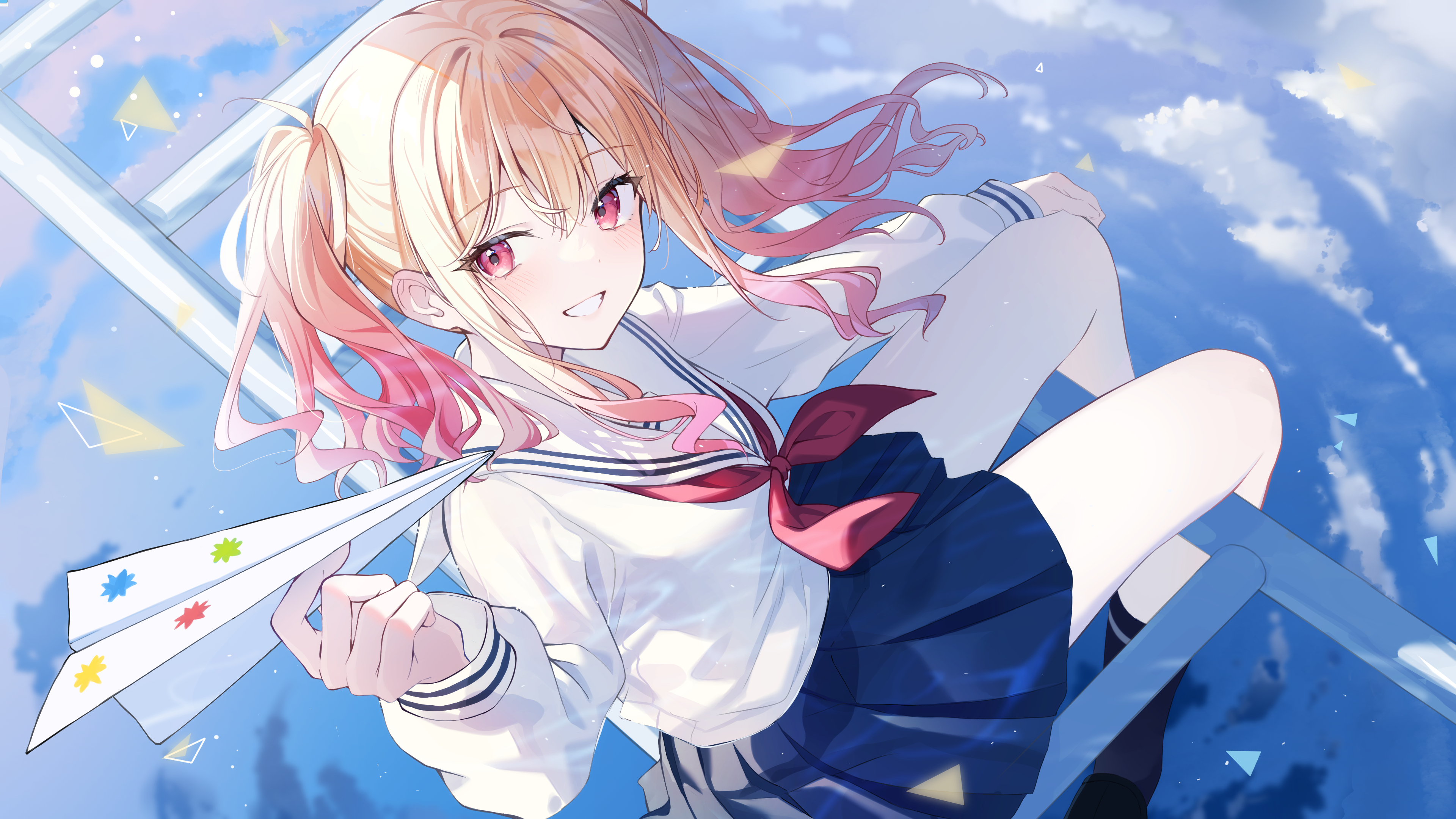 Anime 3840x2160 anime anime girls blonde school uniform paper planes skirt pink eyes Project Sekai Colorful Stage