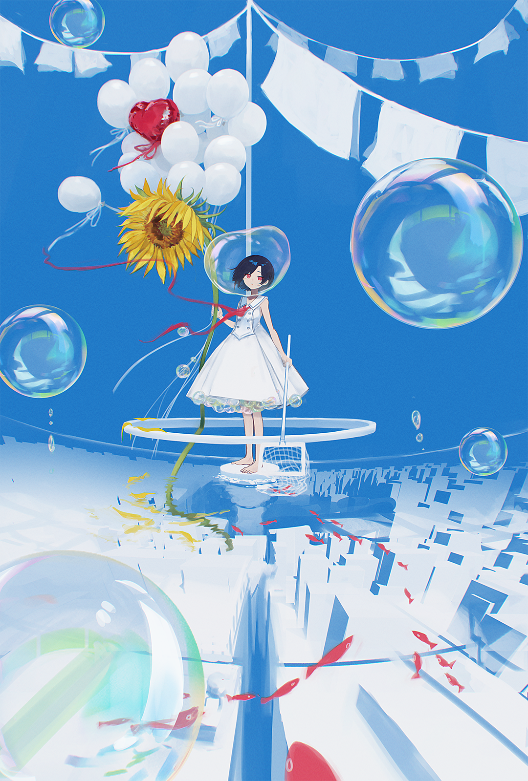 Anime 1080x1599 Seno Losa portrait display looking at viewer red eyes women outdoors clear sky bubbles sky fish short hair white dress sunflowers balloon barefoot black hair sleeveless dress