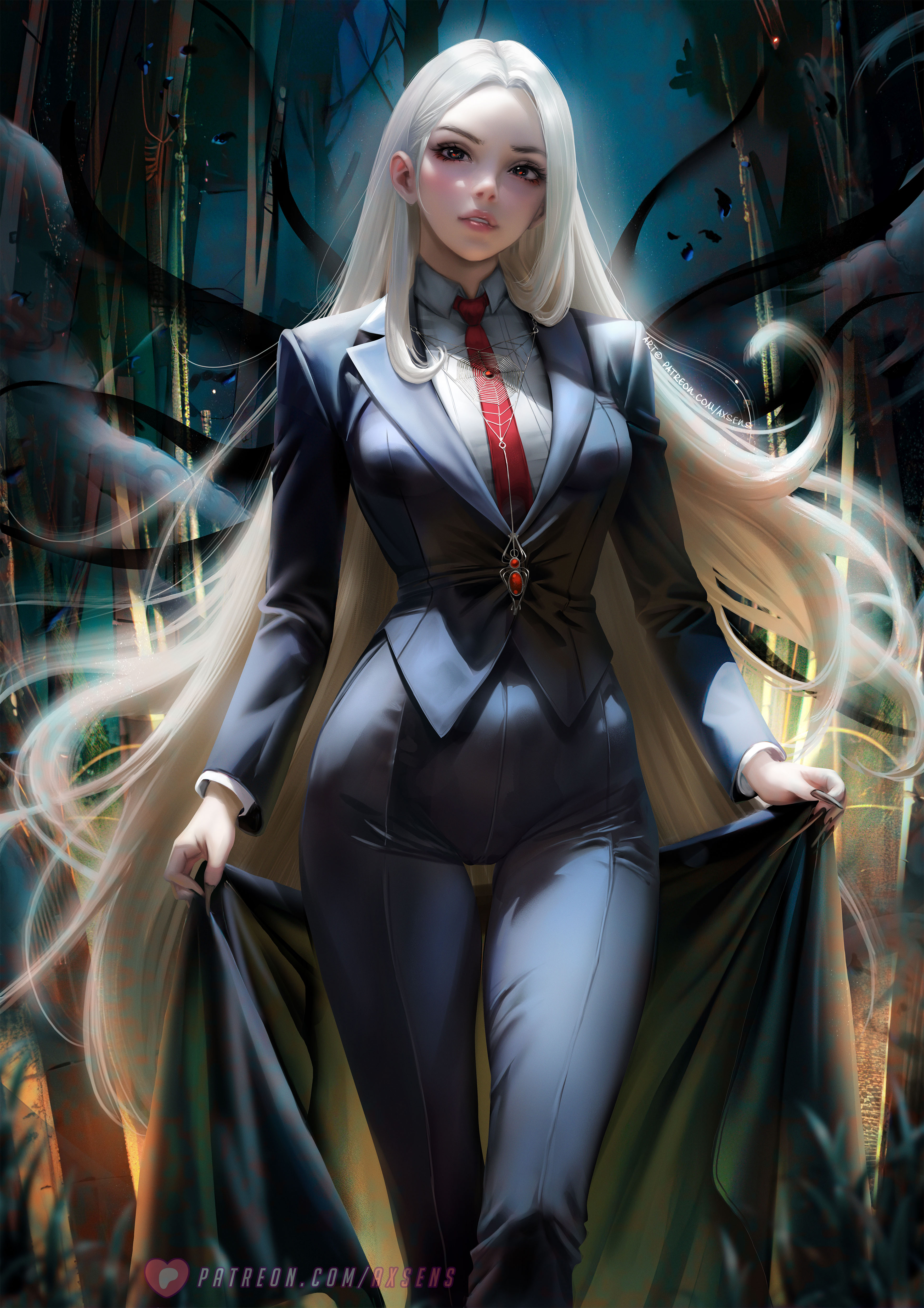 General 3532x5000 Axsens digital art artwork illustration women long hair blonde necklace black suit suit and tie portrait display necktie business suit long sleeves watermarked parted lips looking at viewer skinny long nails frontal view standing collared shirt white hair