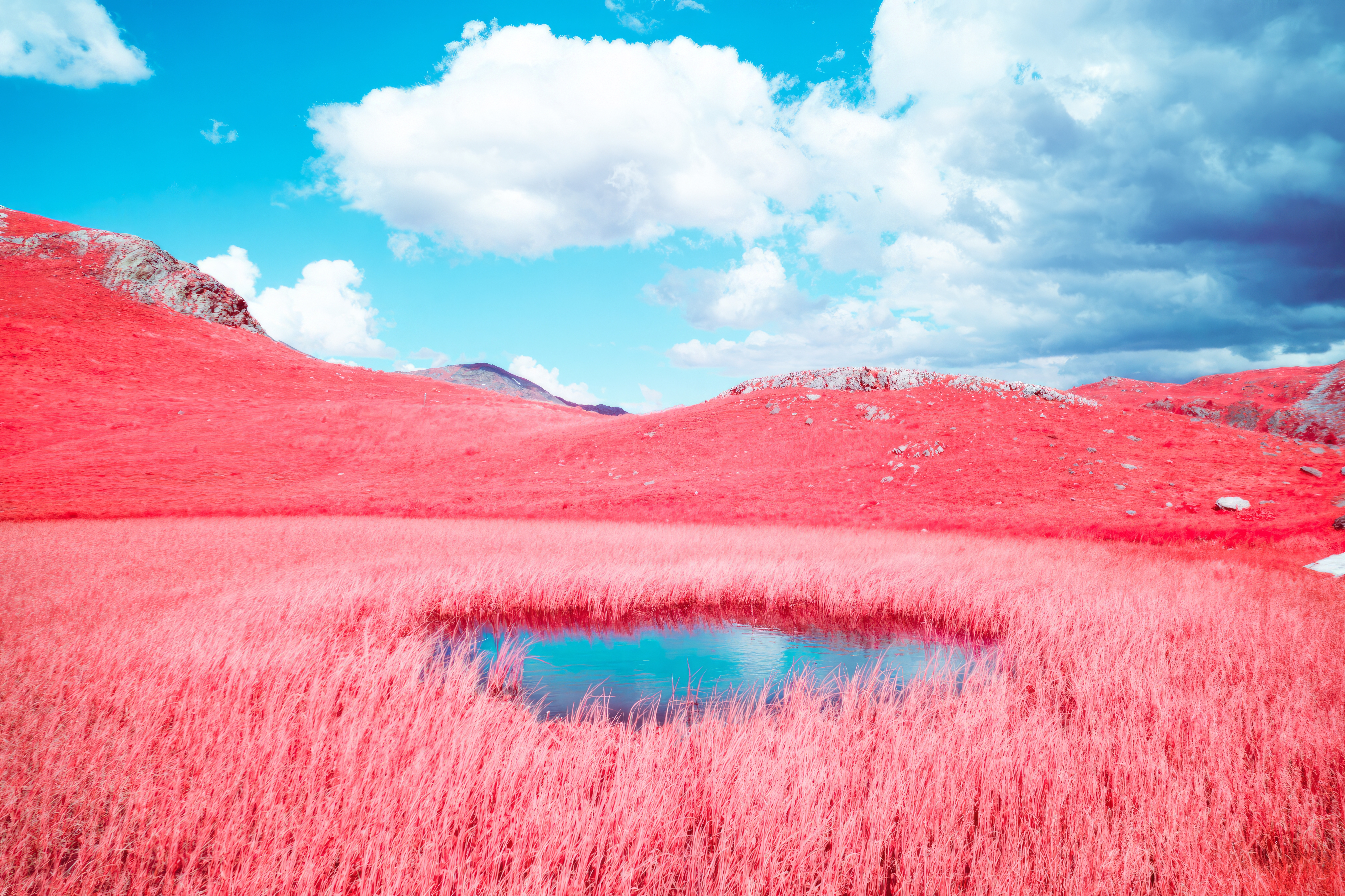 General 6400x4264 infrared nature sky clouds grass pink blue pond mountains surreal