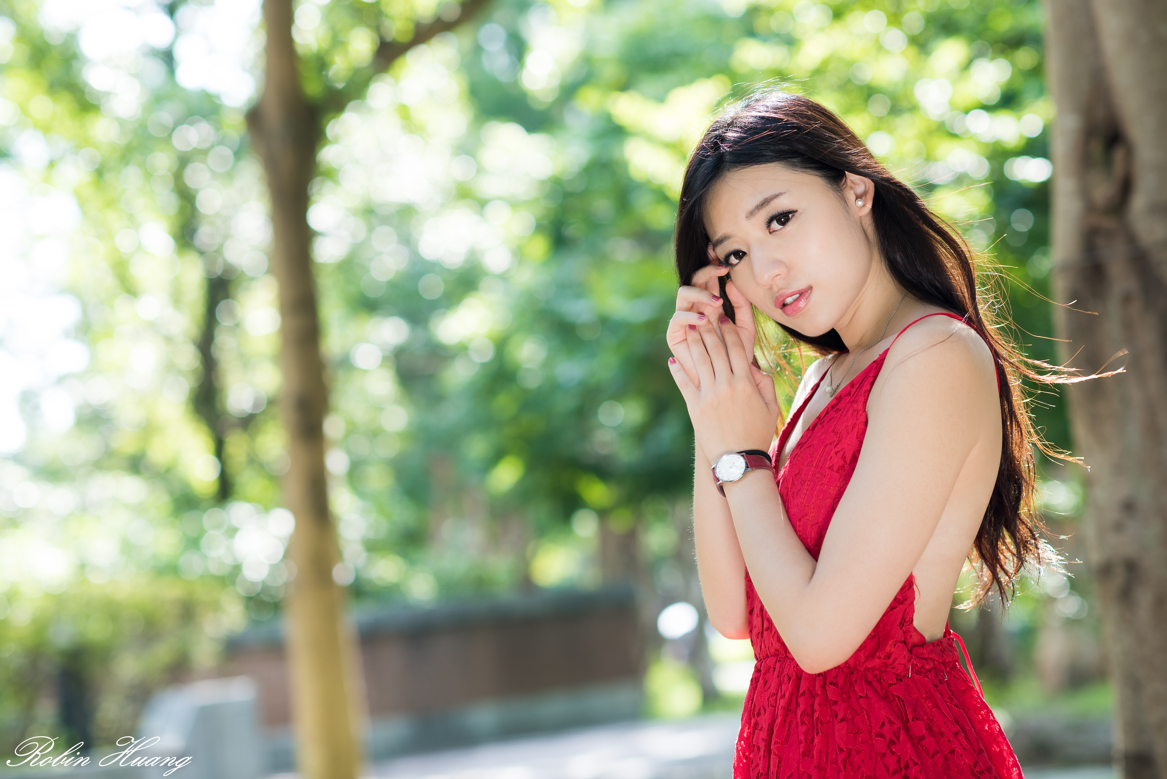People 4096x2734 Kiki Hsieh brunette Asian women model long hair red dress women outdoors depth of field Robin Huang