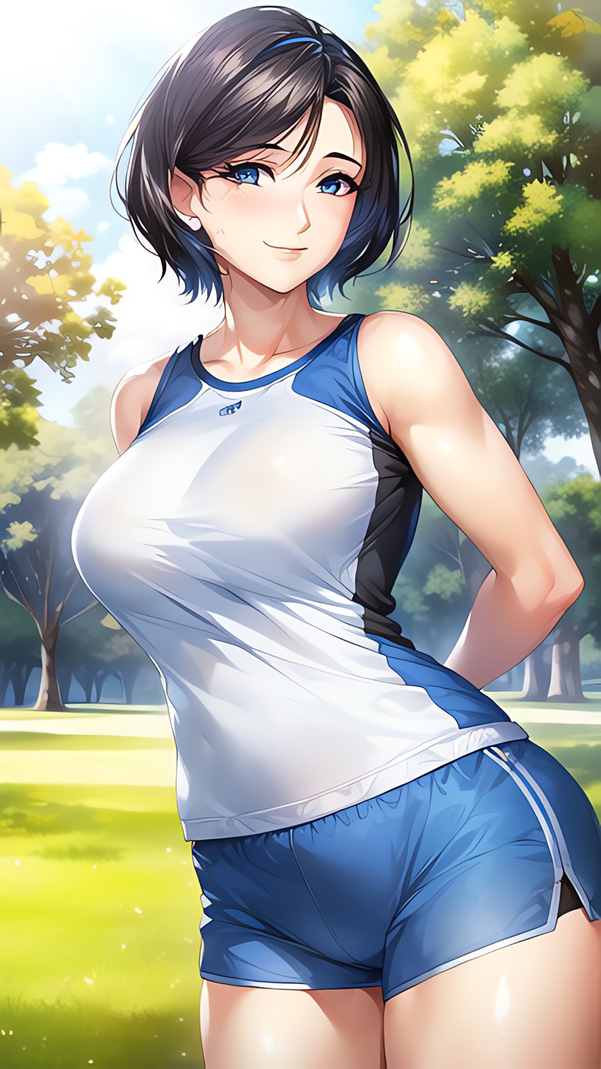 Anime 864x1536 AI art original characters short hair black hair big boobs solo artwork digital art portrait display standing arm(s) behind back anime closed mouth sleeveless trees looking at viewer short shorts sunlight grass clouds sky women outdoors blue eyes collarbone bare shoulders thighs anime girls gym clothes skinny