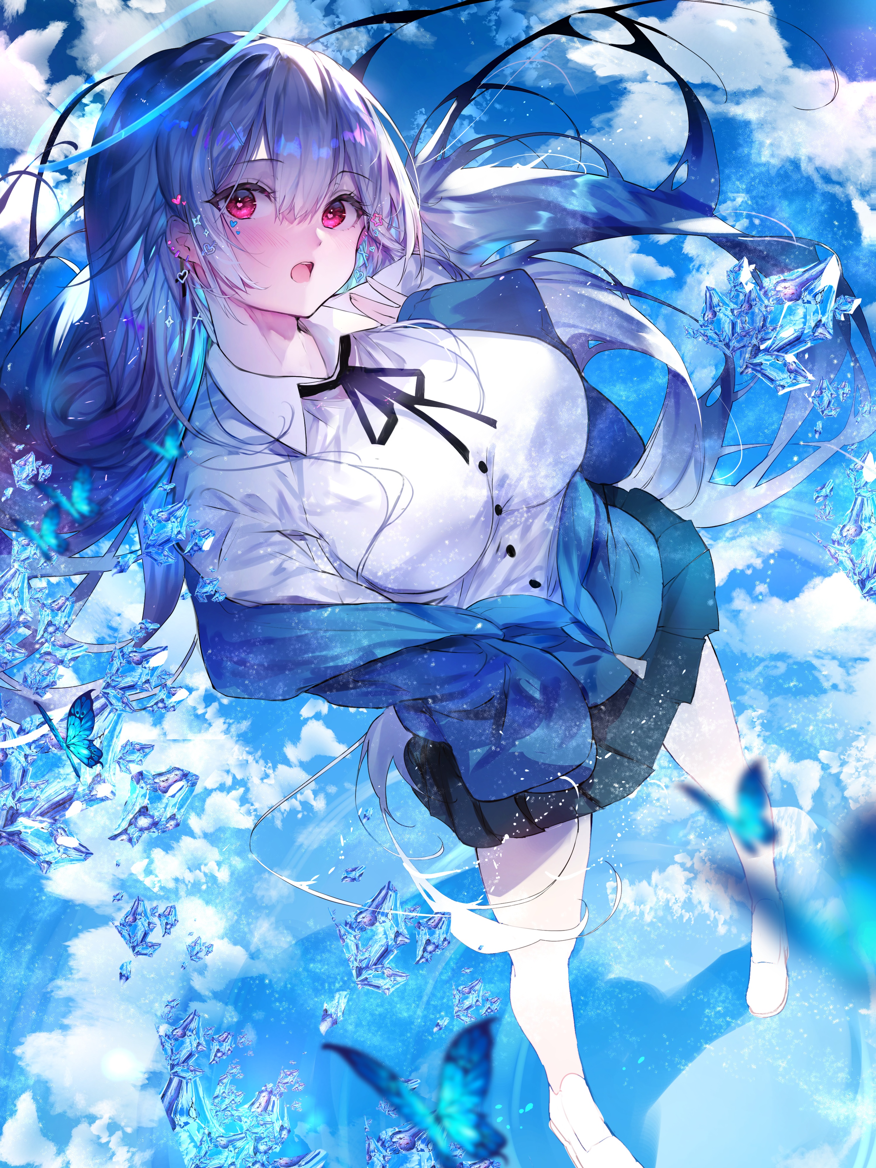 Anime 3000x4000 anime anime girls portrait display schoolgirl school uniform blue hair butterfly crystal  clouds sky red eyes heart eyes W (artist) halo blushing Pixiv