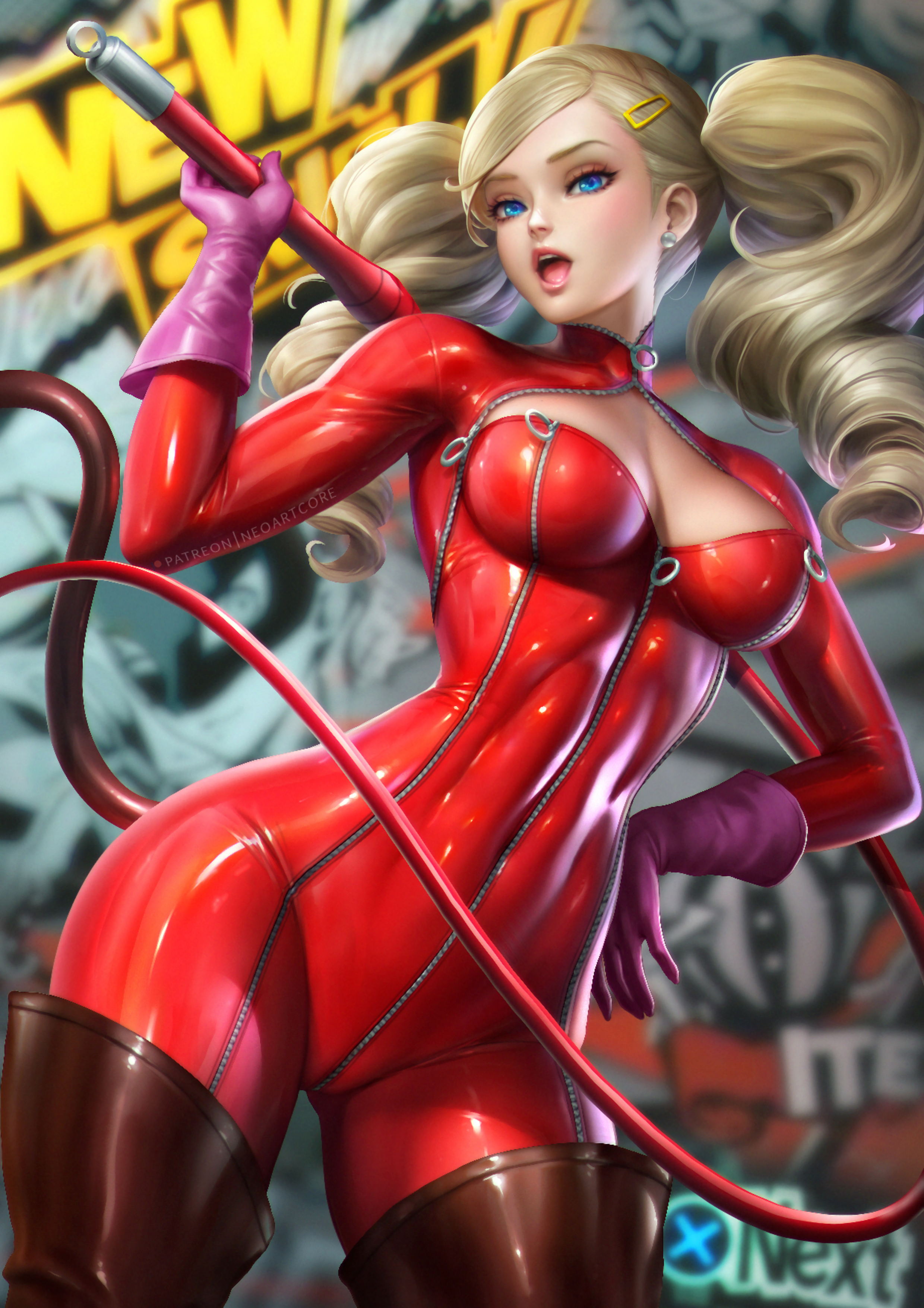Anime 2480x3508 Ann Takamaki  Persona 5 NeoArtCorE (artist) tight clothing blonde blue eyes whips thigh high boots zipper looking at viewer standing slim body big boobs wide hips gloves portrait display anime girls Persona series