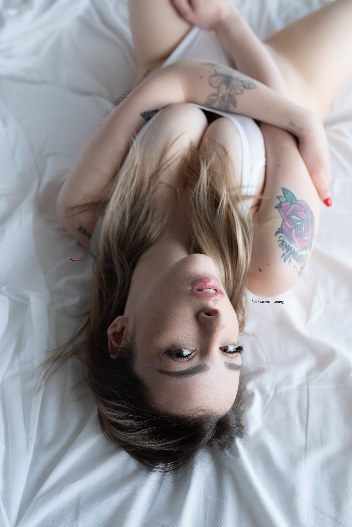 People 1367x2048 Mauro Saranga women ombre hair lingerie cleavage tattoo upside down bed watermarked portrait display