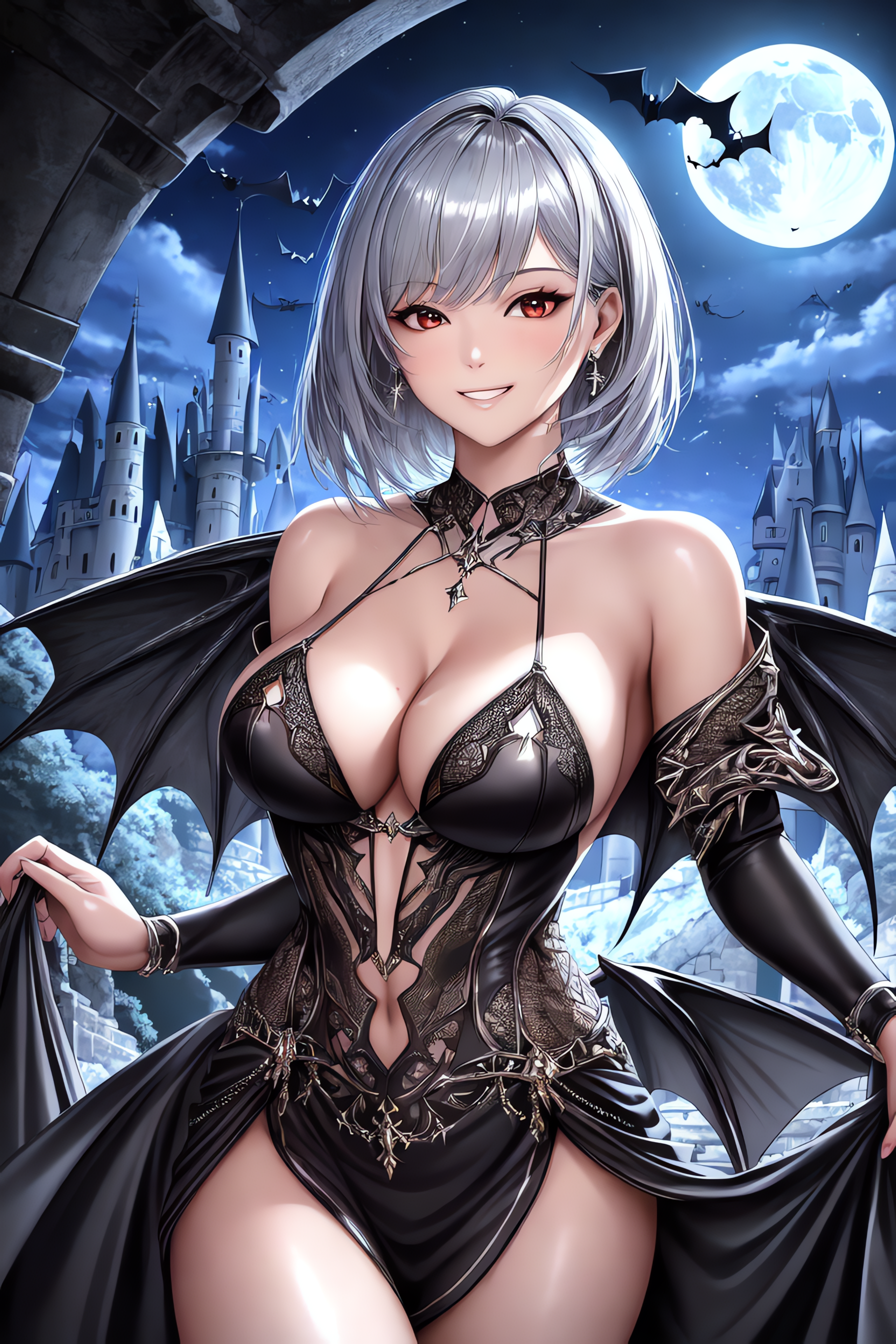 Anime 3072x4608 anime anime girls AI art artwork digital art original characters lifting clothes cleavage big boobs Moon bats smiling earring wings bat wings looking at viewer portrait display