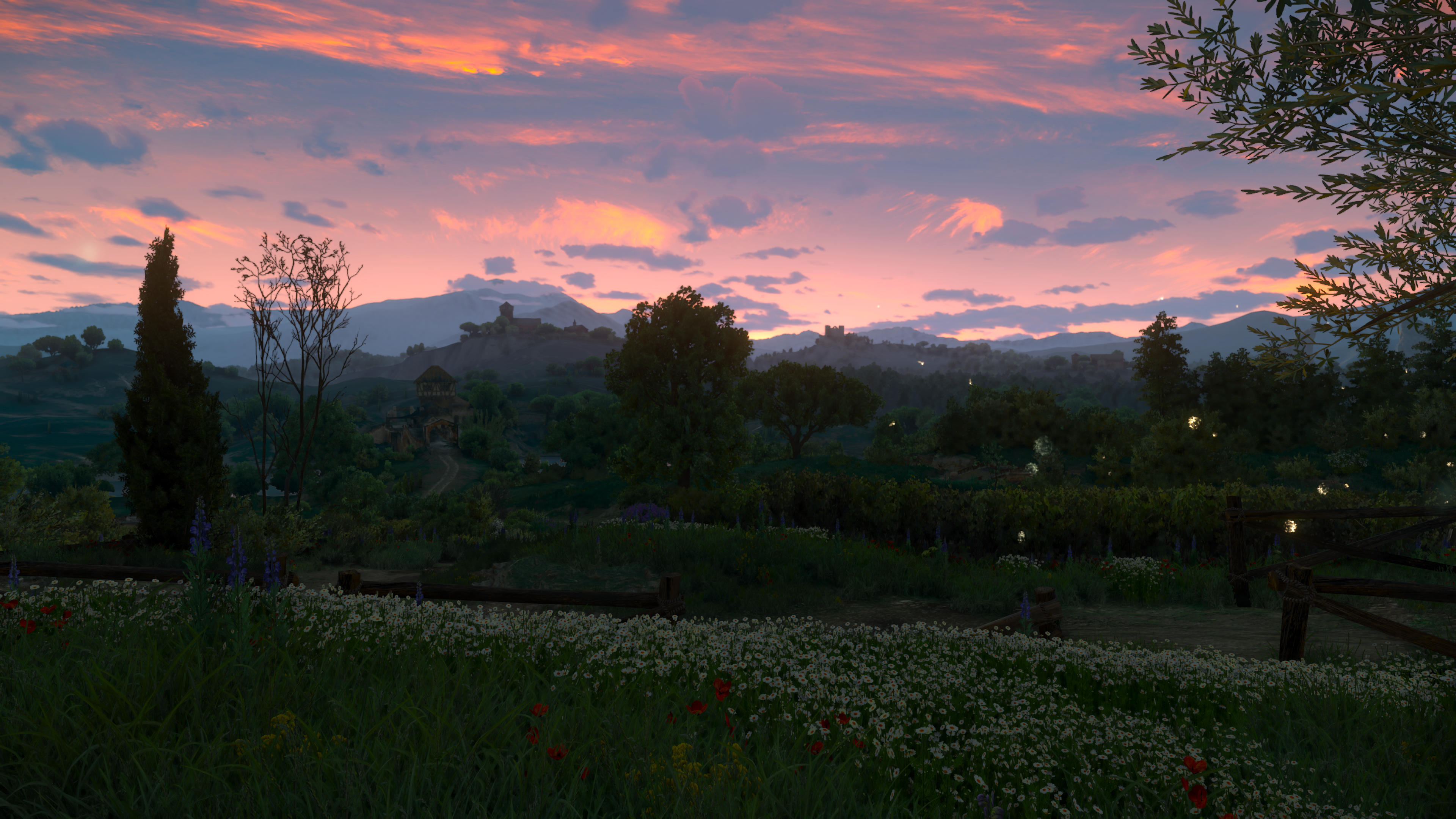General 3840x2160 The Witcher 3: Wild Hunt The Witcher 3: Wild Hunt - Blood and Wine nature video games sunset glow trees flowers sky clouds