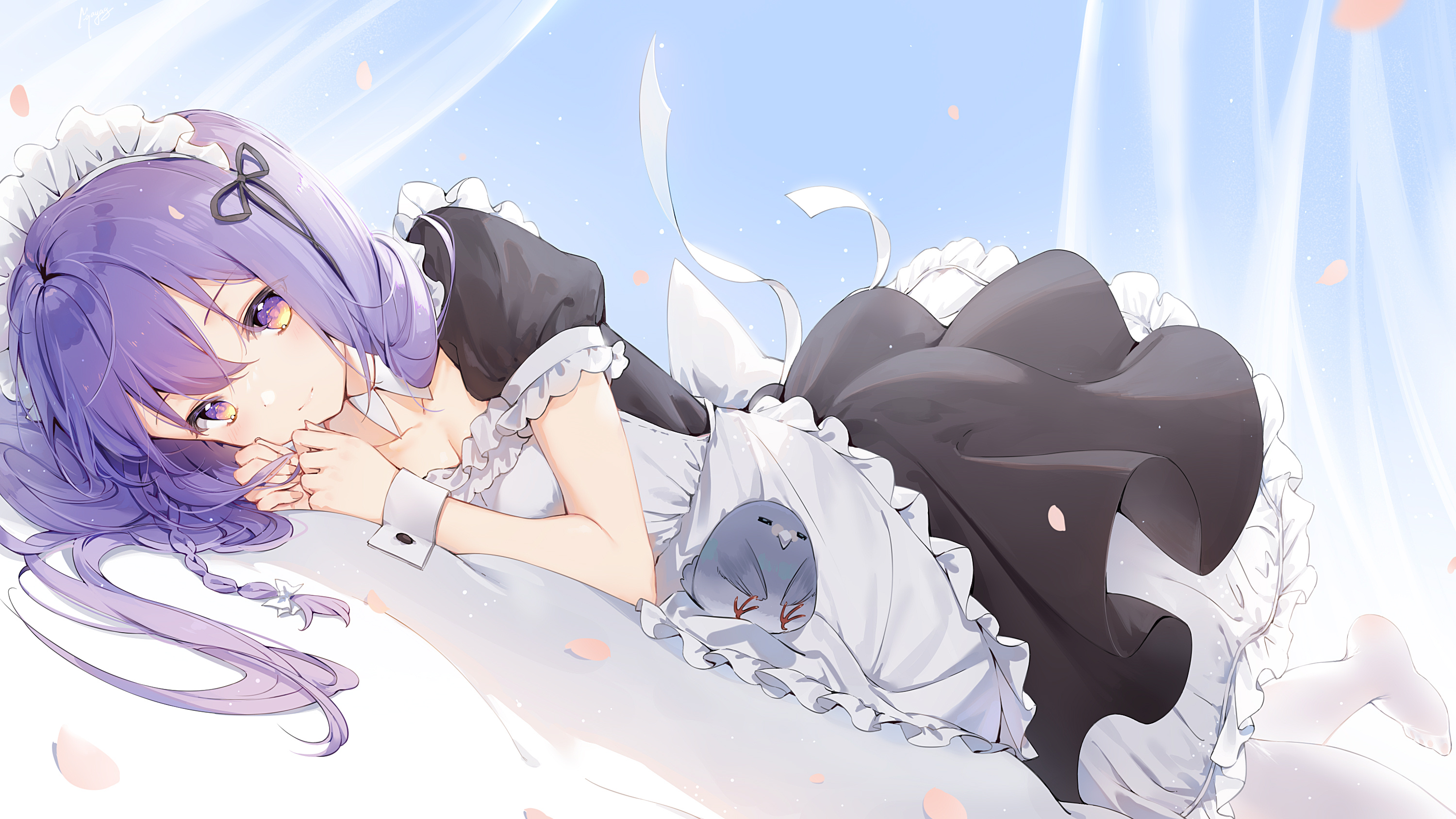 Anime 3000x1688 anime anime girls purple hair purple eyes maid maid outfit lying on side braids petals