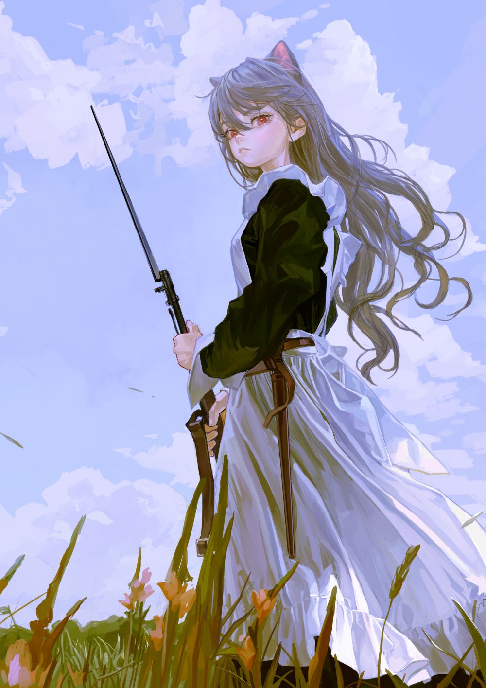 Anime 1000x1415 anime girls maid outfit animal ears rifles FKEY portrait display maid gun girls with guns cat girl cat ears long hair grass looking at viewer sky clouds