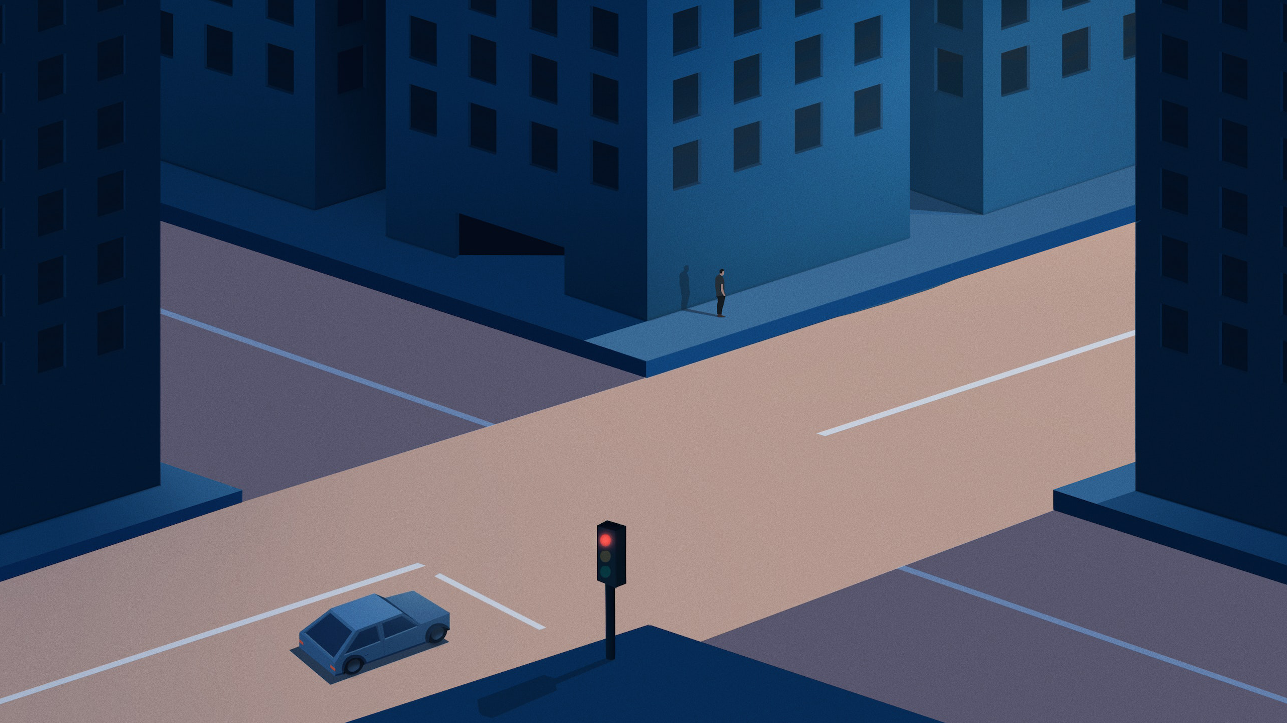 General 2560x1440 digital art artwork illustration minimalism 2K street road sunlight traffic lights building car simple background