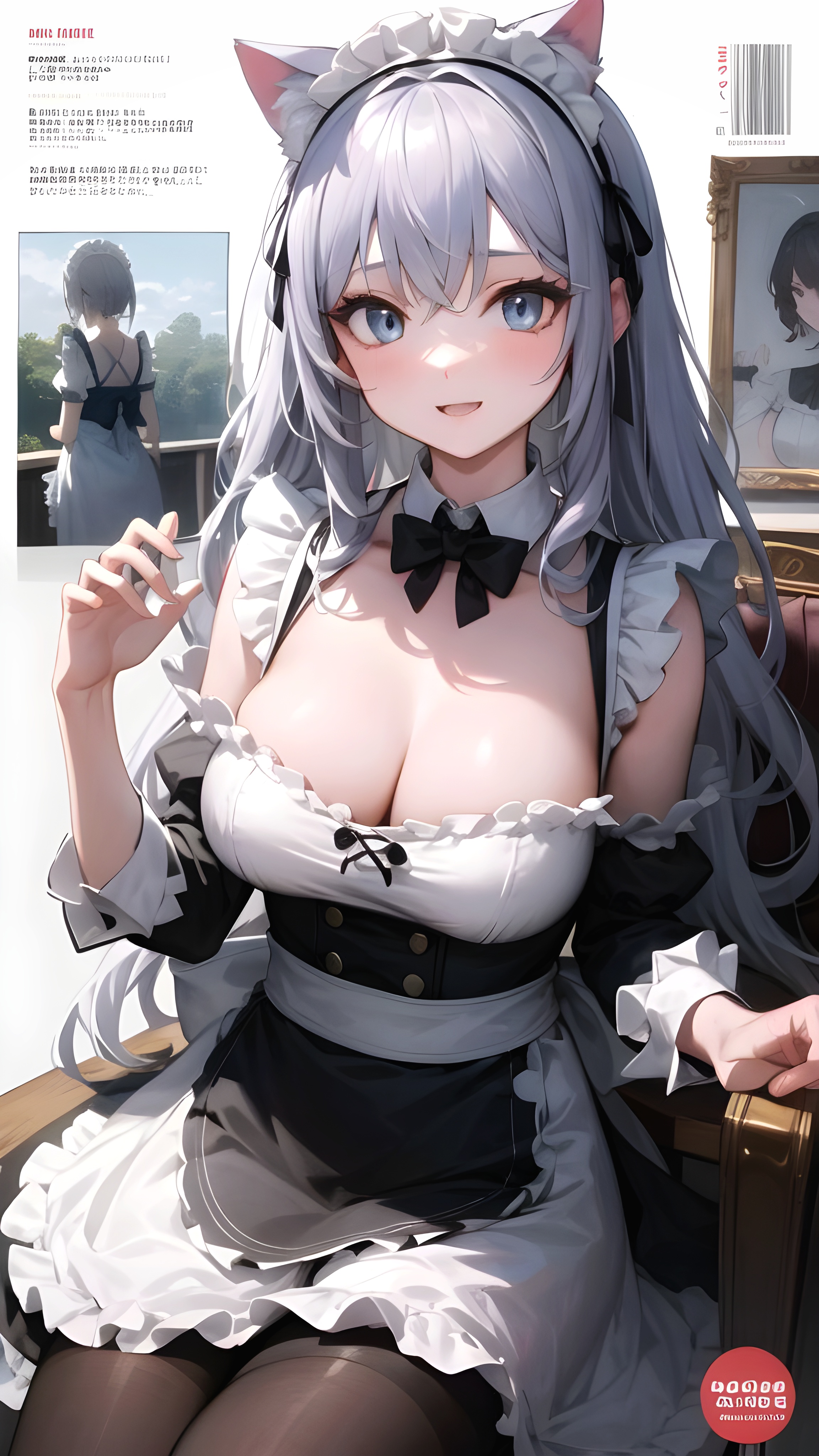 Anime 2304x4096 maid maid outfit cat ears long hair pantyhose bow tie cleavage sitting AI art