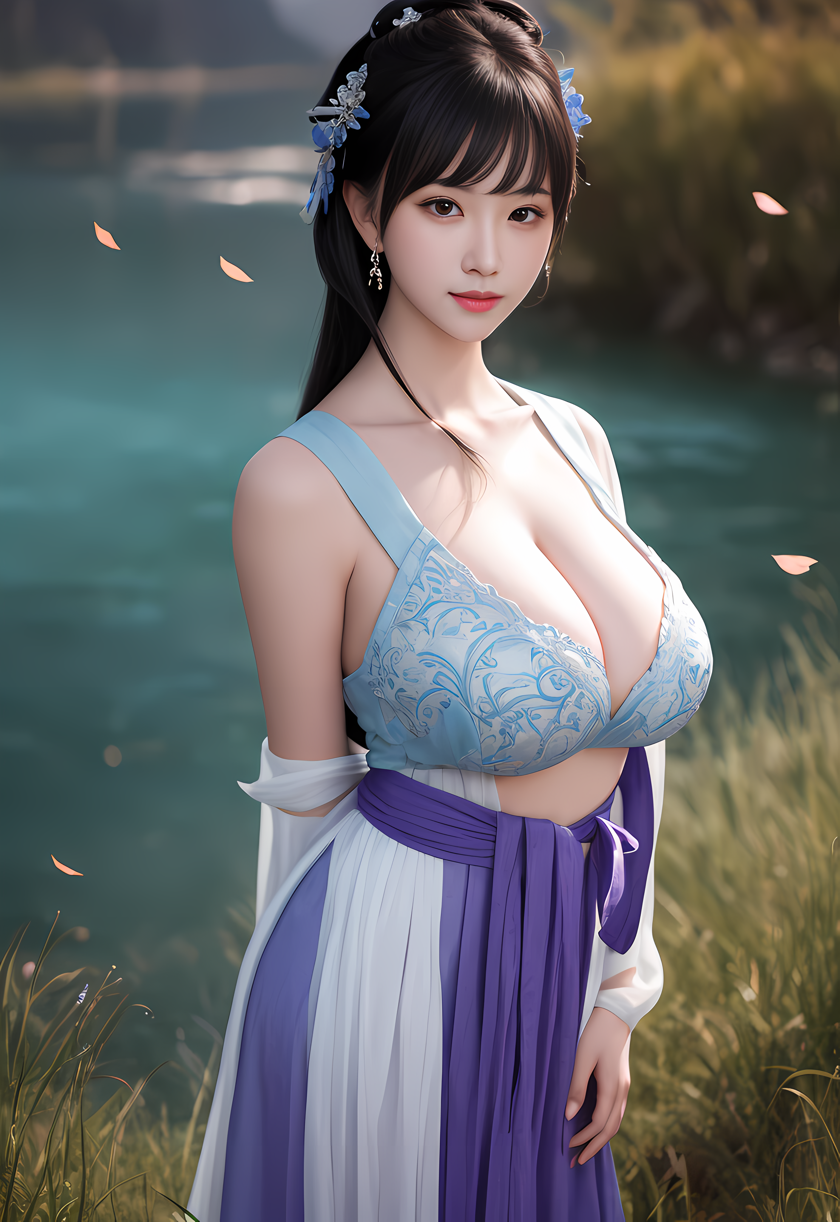 General 2816x4096 Asian Chinese women AI art Stable Diffusion artwork Pastania brunette cleavage dress portrait display big boobs petals looking at viewer women