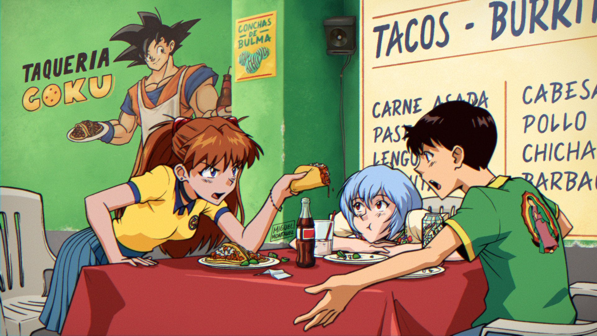 Anime 1920x1080 Neon Genesis Evangelion Asuka Langley Soryu kitchen anime boys anime girls Son Goku Ikari Shinji Ayanami Rei food drink Spanish menu