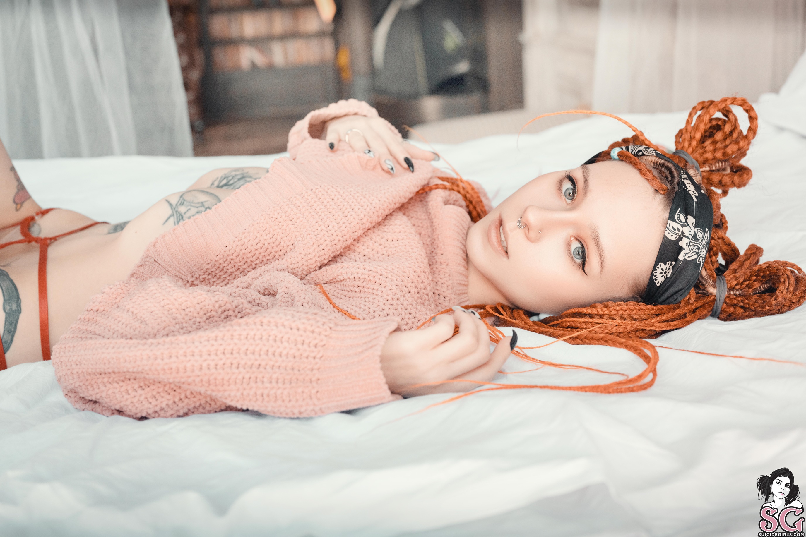 People 2753x1835 Vika Dich Suicide Girls women model tattoo inked girls blue eyes eyeliner pierced nose lying on back redhead in bed looking at viewer watermarked