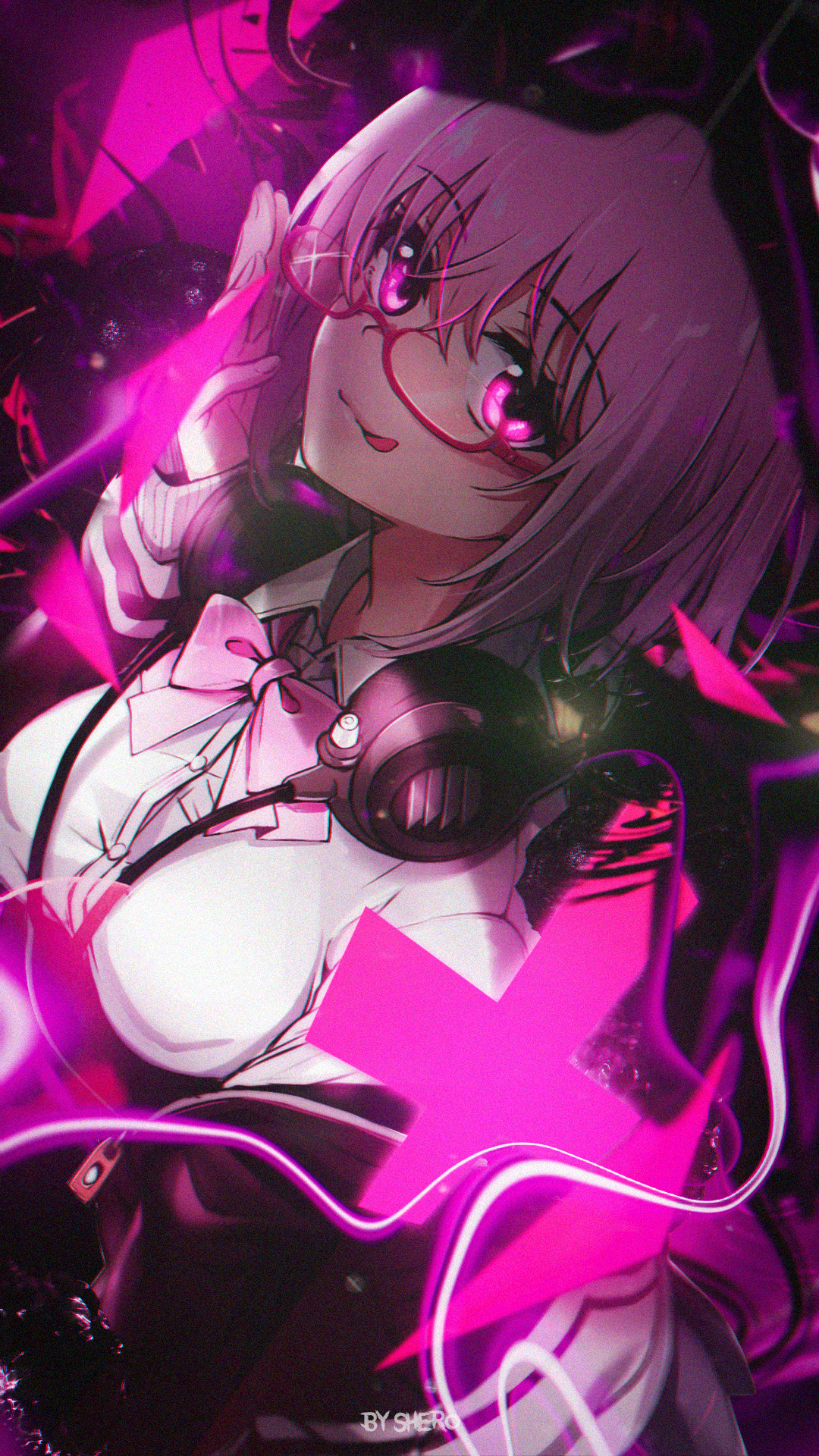 Anime 1080x1920 Fate/Grand Order anime anime girls signature portrait display glasses tongue out headphones bow tie looking at viewer short hair